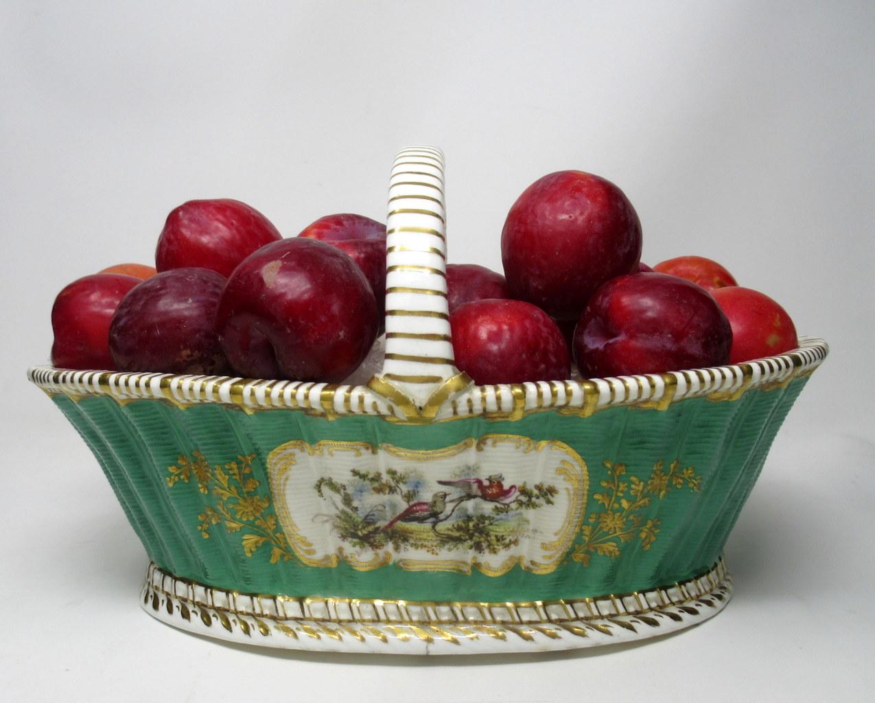 Antique English Staffordshire Porcelain Royal Worcester Green Gilt Fruit Basket 2