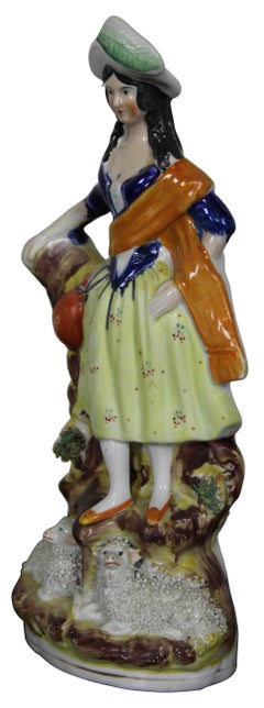 Antique English Staffordshire Porcelain Scottish Shepherdess Sheep Figurine