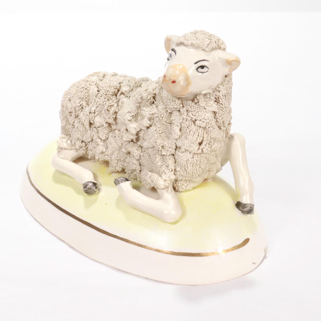 Victorian Antique English Staffordshire Pottery Recumbent Sheep or Lamb Figurine For Sale