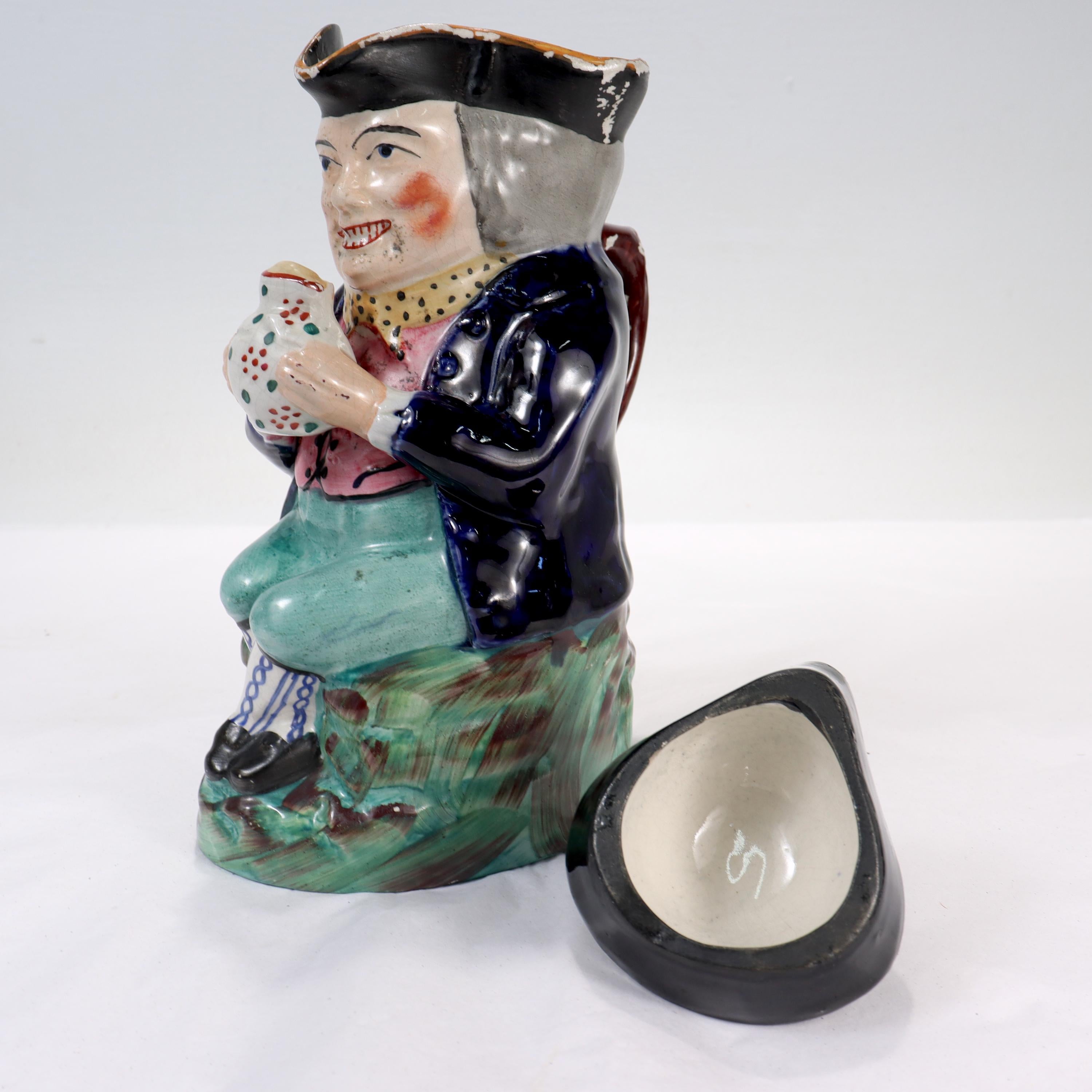 Antique English Staffordshire Pottery Toby Jug with a Tricorn Hat Lid For Sale 3
