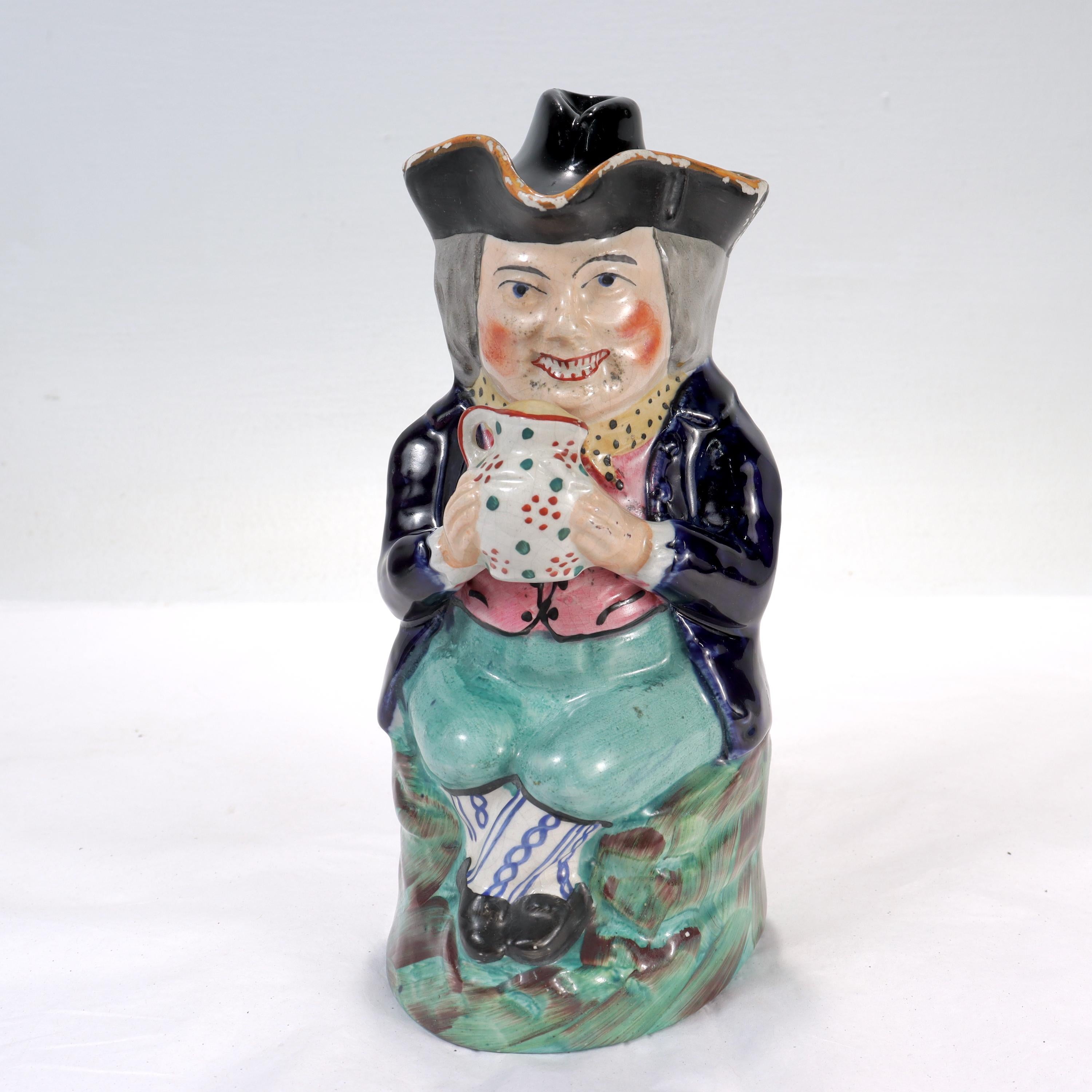 A fine antique Staffordshire pottery Toby jug.

In the form of a seated, smiling man holding a jug.

The man's tricorn hat serves as a lid, and an integral handle runs down his back.

Simply a great Toby Jug!

Date:
19th Century

Overall