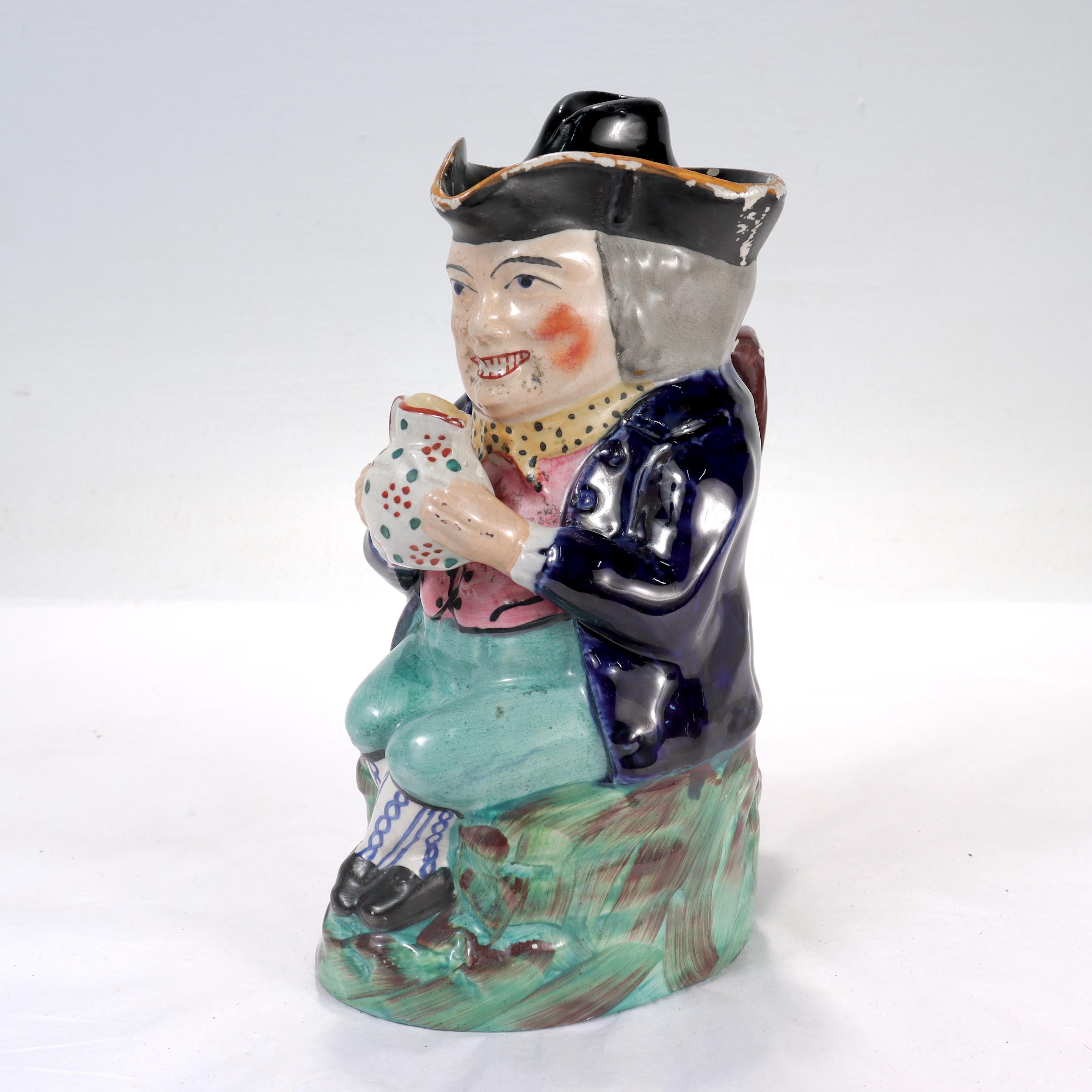 Antique English Staffordshire Pottery Toby Jug with a Tricorn Hat Lid In Good Condition For Sale In Philadelphia, PA