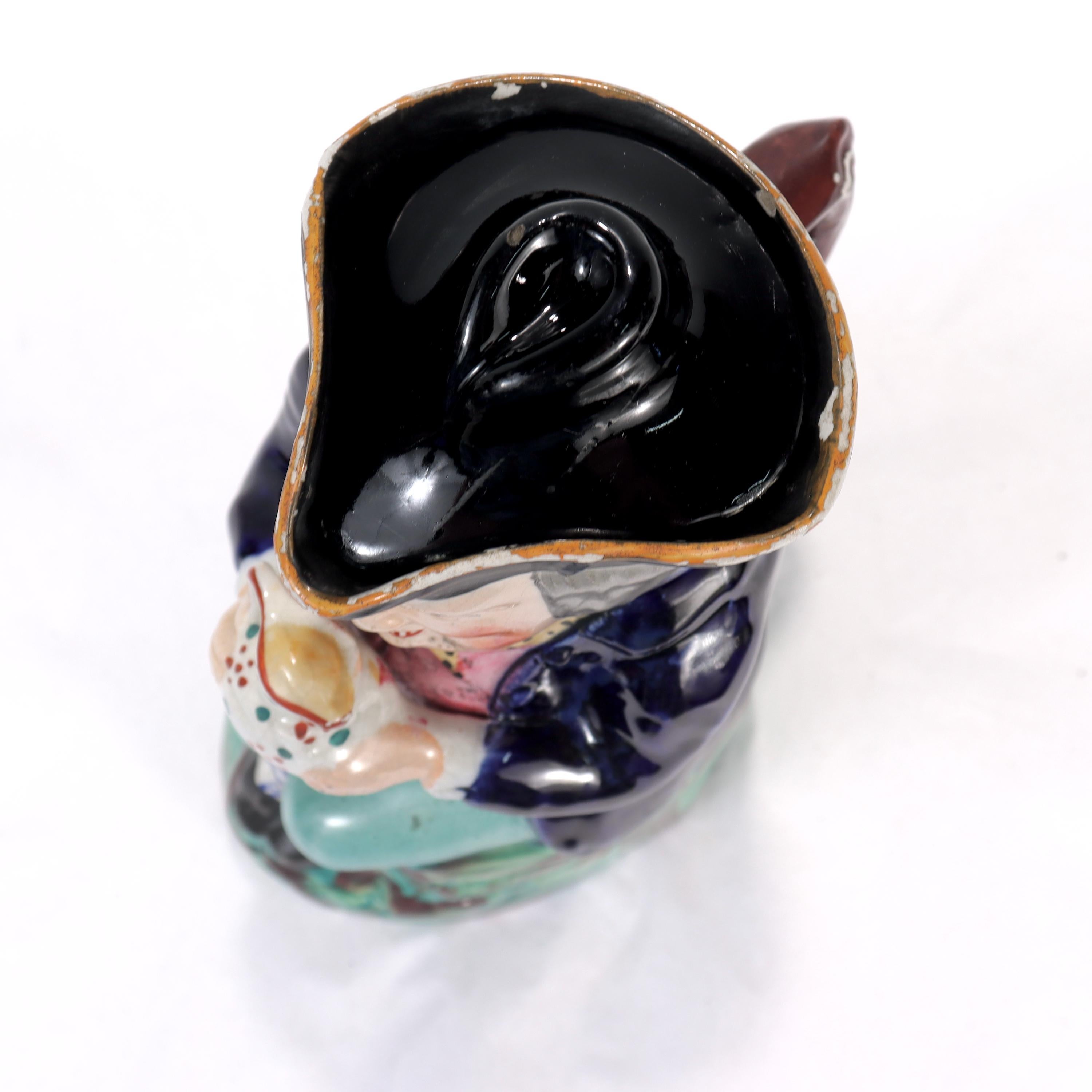 19th Century Antique English Staffordshire Pottery Toby Jug with a Tricorn Hat Lid For Sale