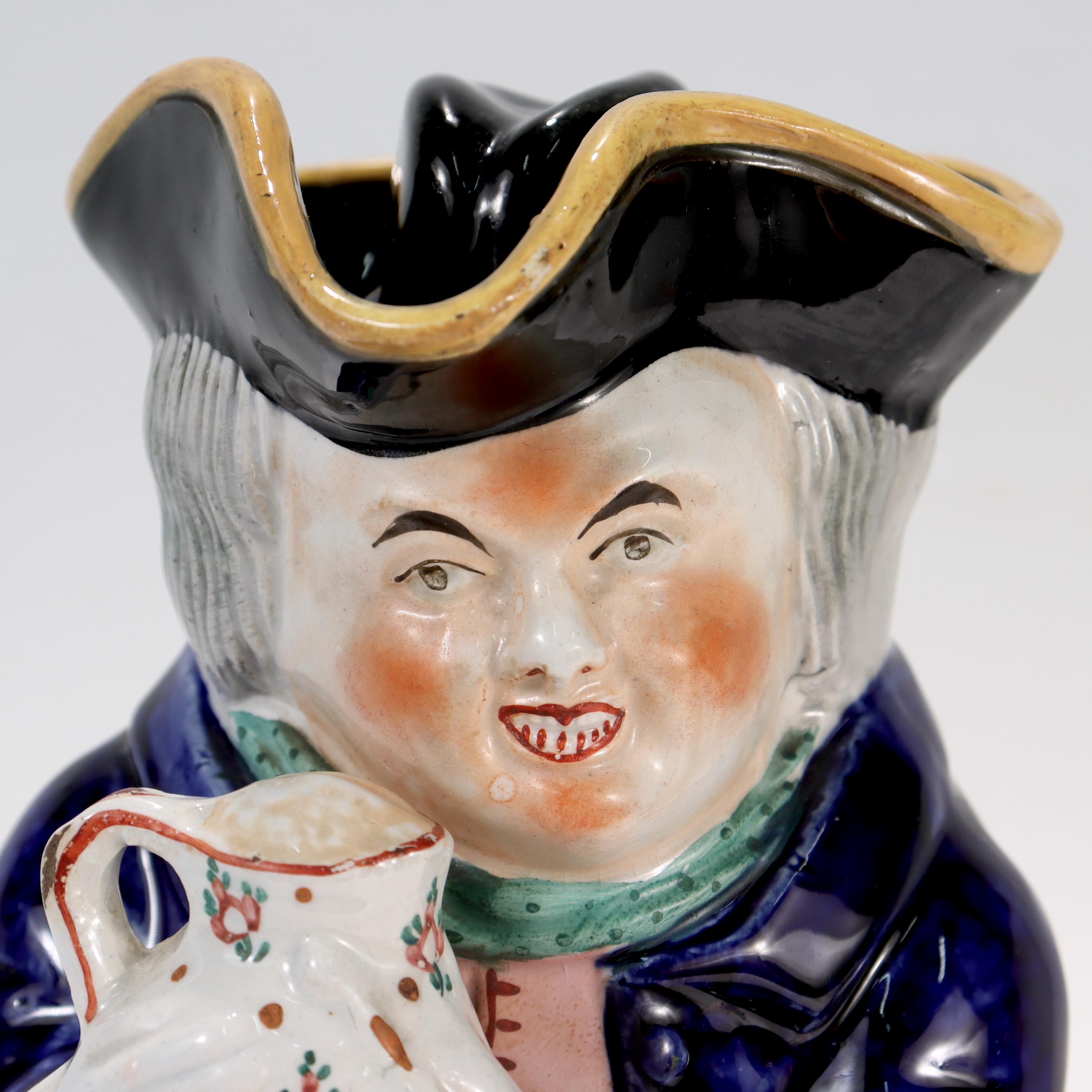 Antique English Staffordshire Pottery Toby Jug with Tricorn Hat Lid For Sale 2