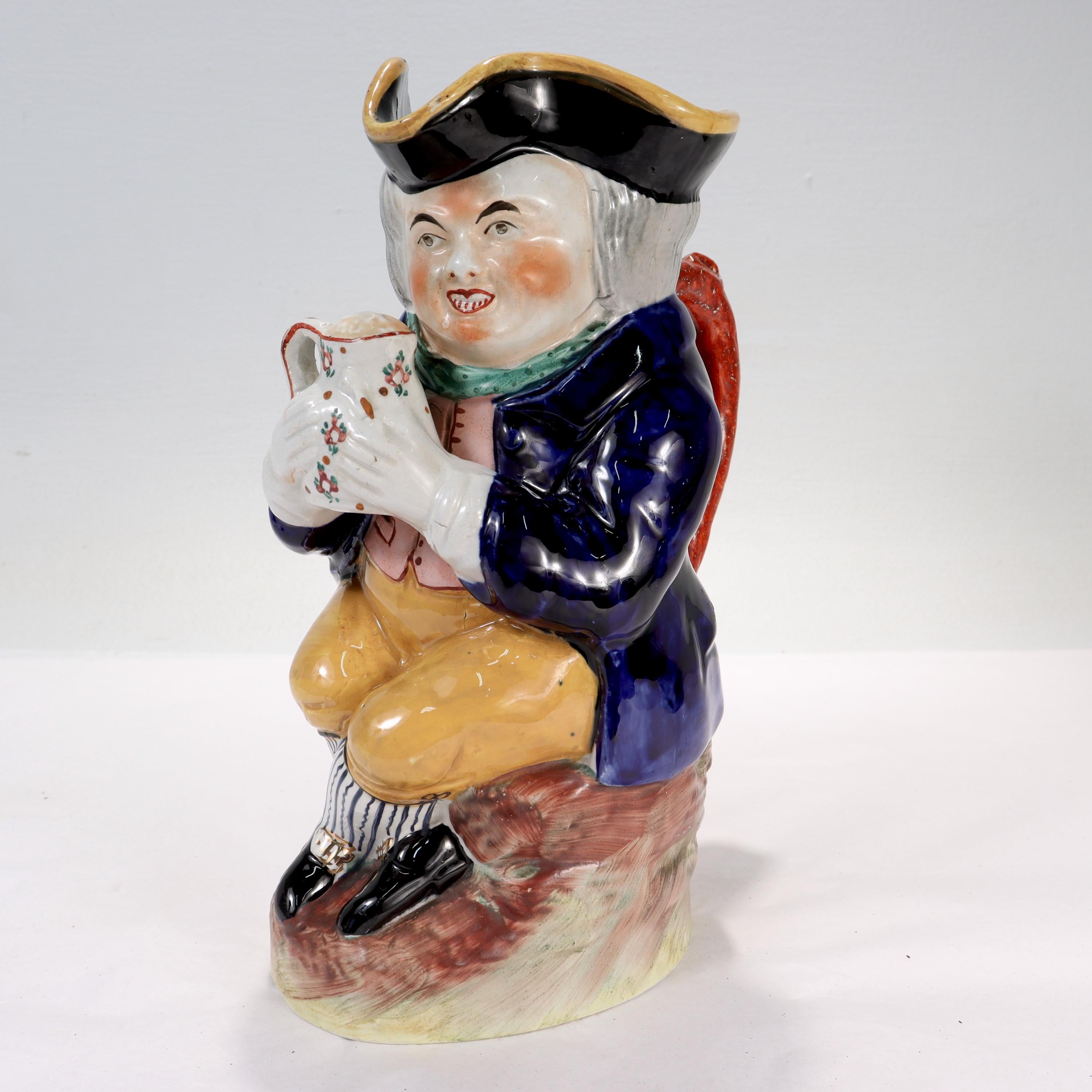 Georgian Antique English Staffordshire Pottery Toby Jug with Tricorn Hat Lid For Sale