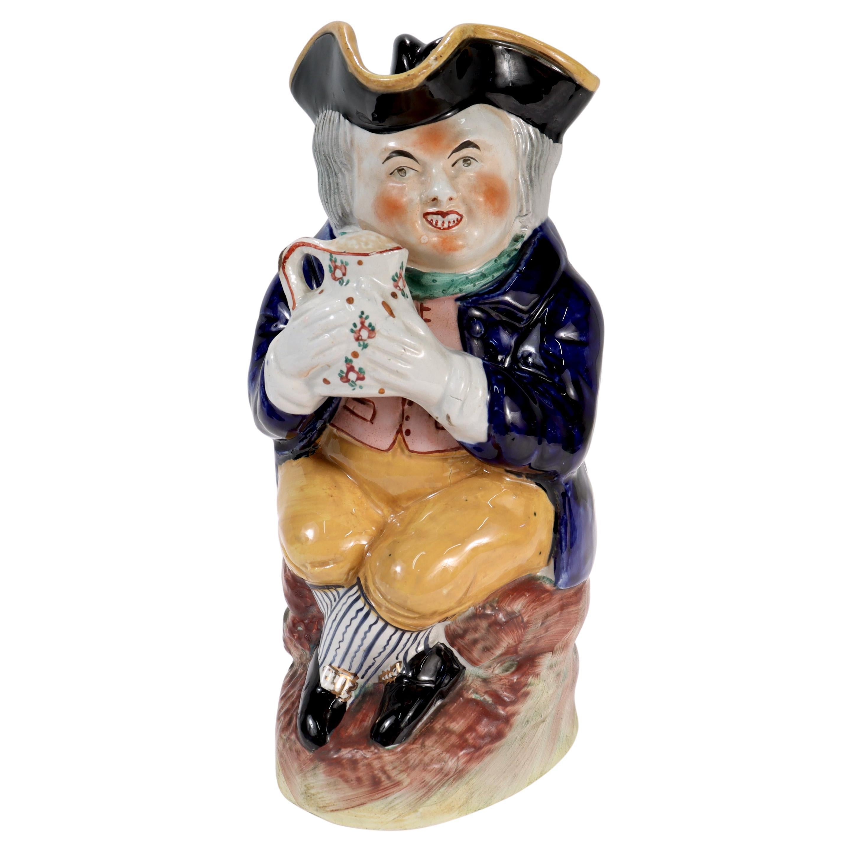 Antique English Staffordshire Pottery Toby Jug with Tricorn Hat Lid For Sale