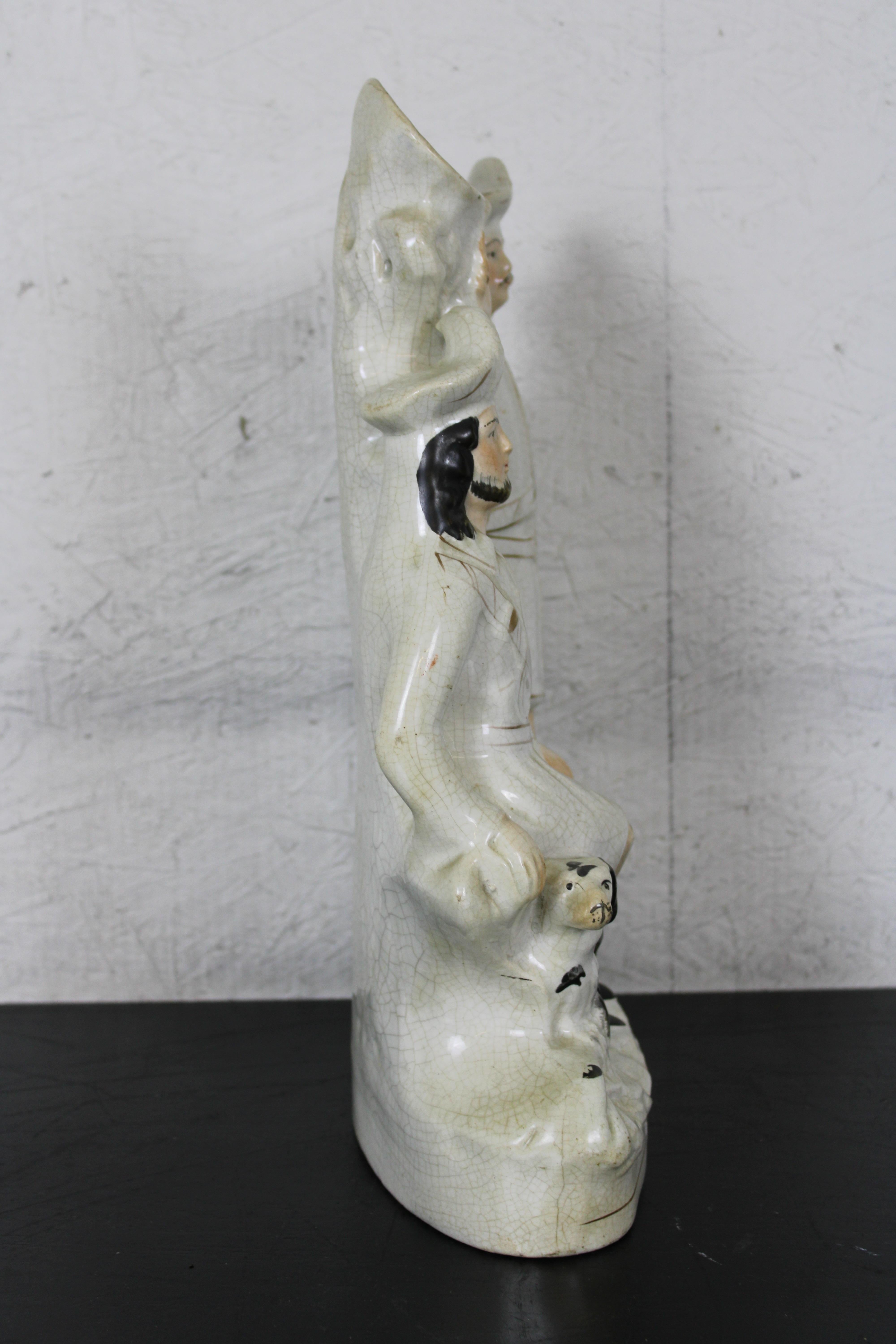 19th Century Antique English Staffordshire Robin Hood Little John Spill Vase Spaniel Dog For Sale