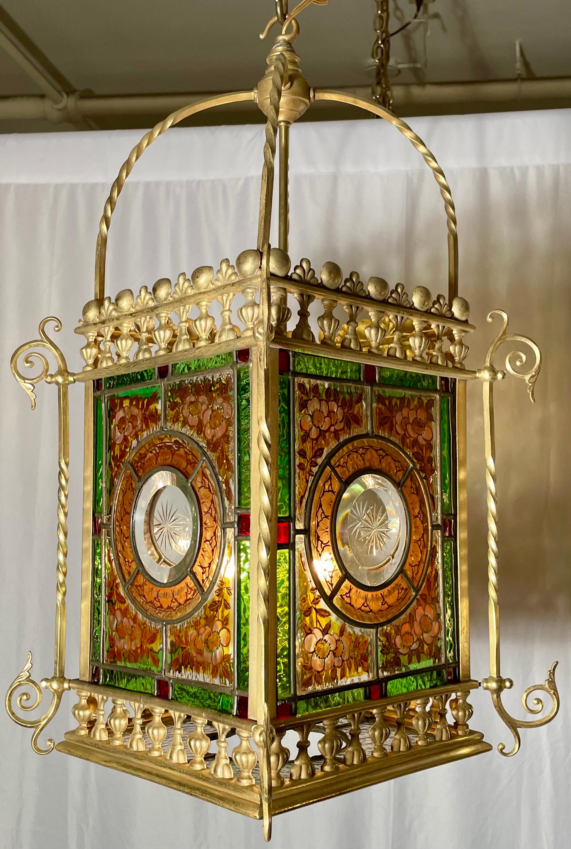 Antique English Stained Glass and Brass Hall Lantern, Circa 1900.
