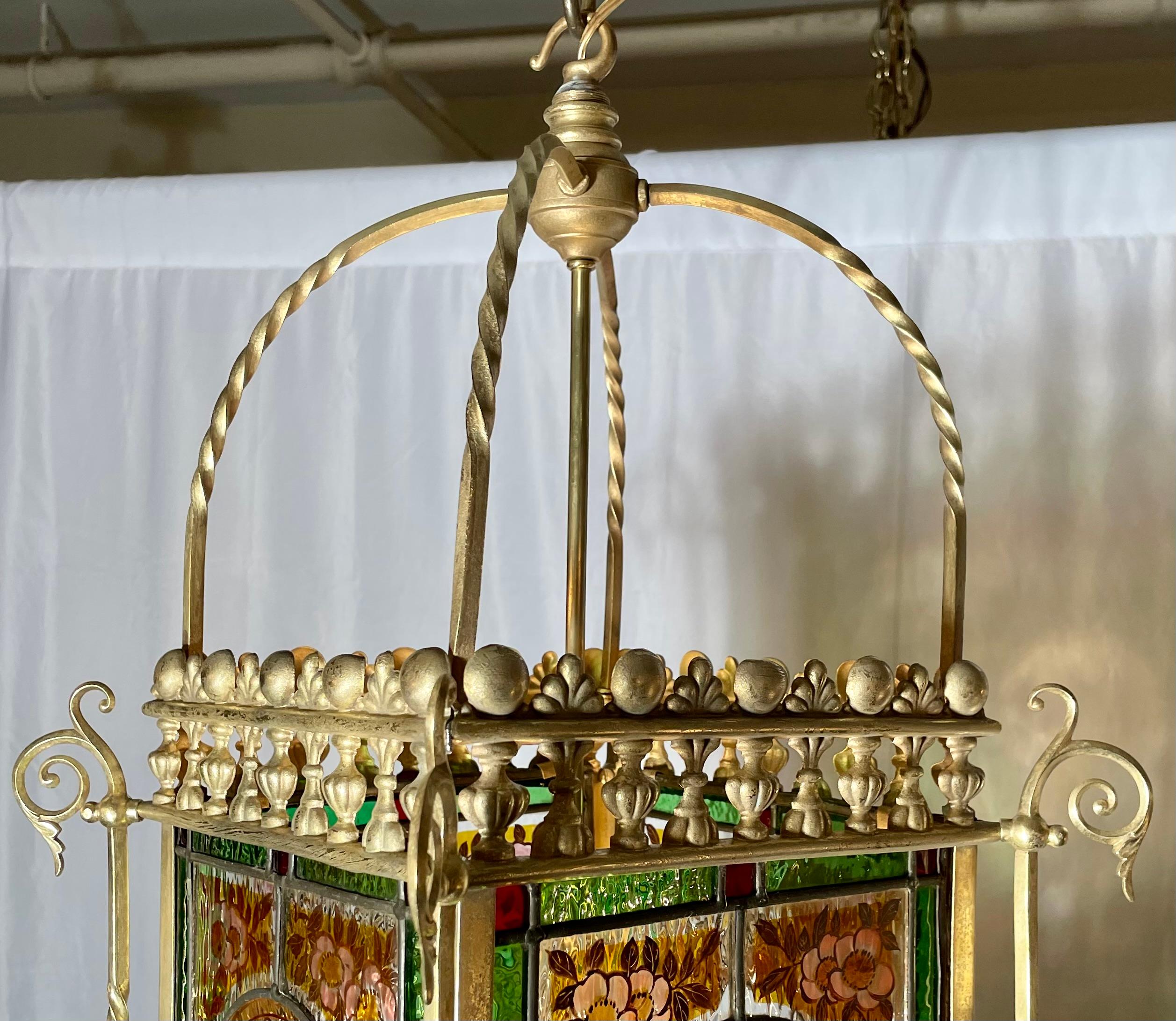 Antique English Stained Glass and Brass Hall Lantern, Circa 1900. For Sale 1