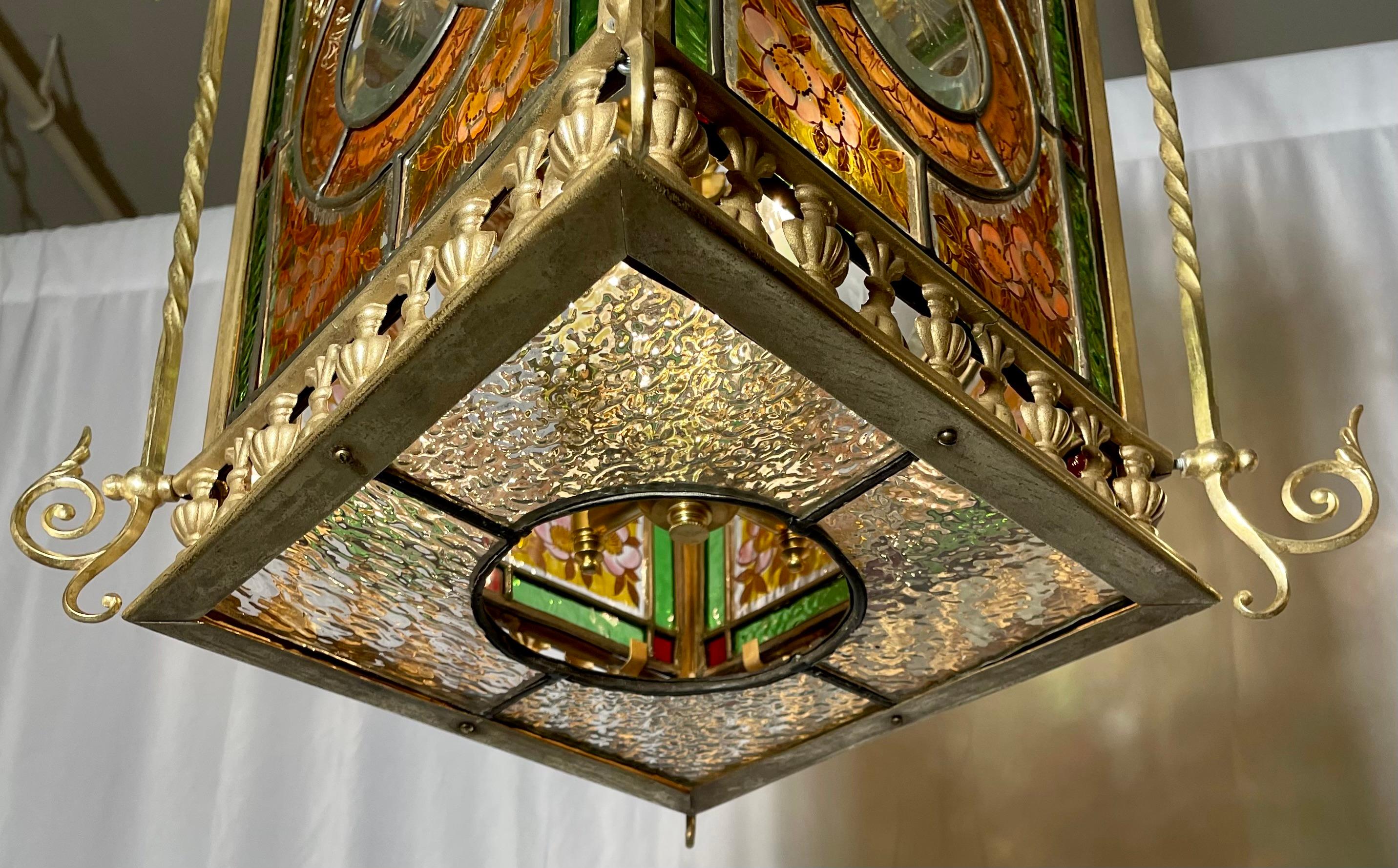 Antique English Stained Glass and Brass Hall Lantern, Circa 1900. For Sale 2