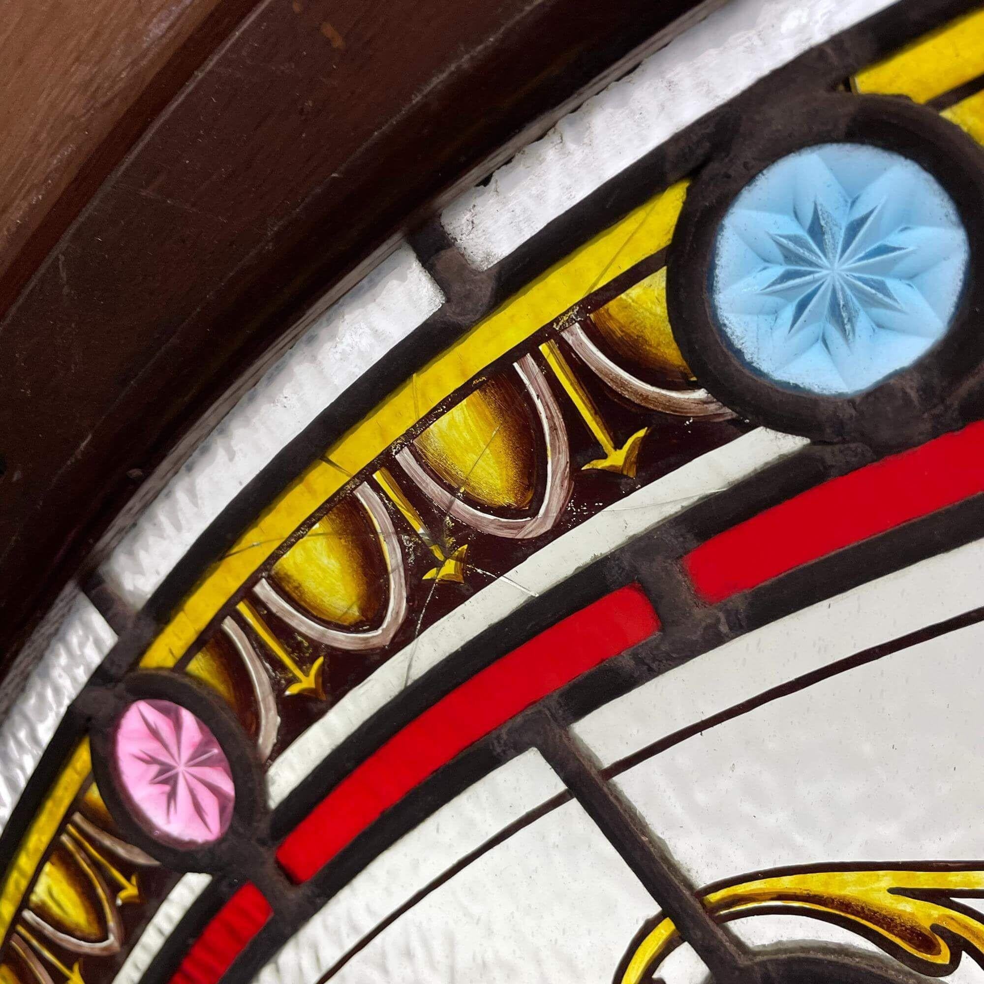 Victorian Antique English Stained Glass Overdoor Fanlight For Sale