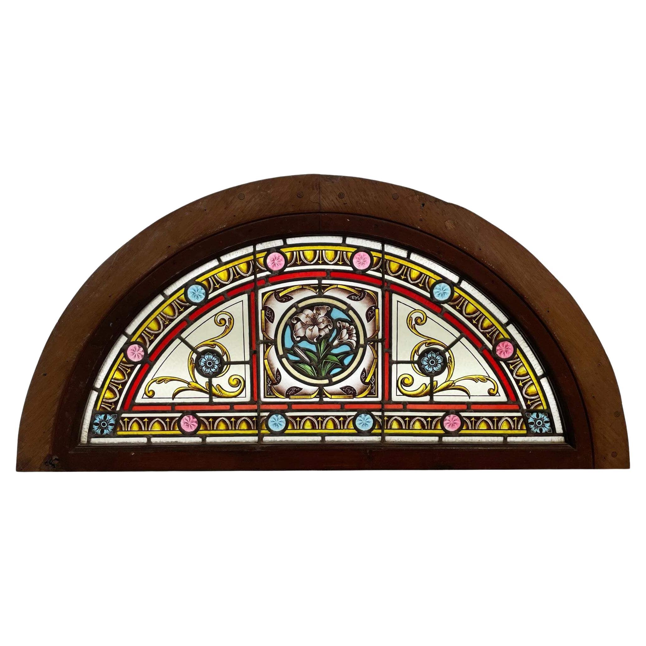 Antique English Stained Glass Overdoor Fanlight For Sale