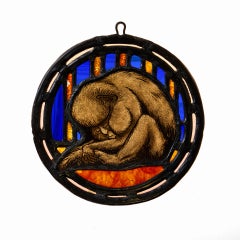 Antique English Stained Glass Roundel Depicting a Sleeping Monkey