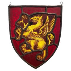 Used English Stained Glass Shield with Griffin