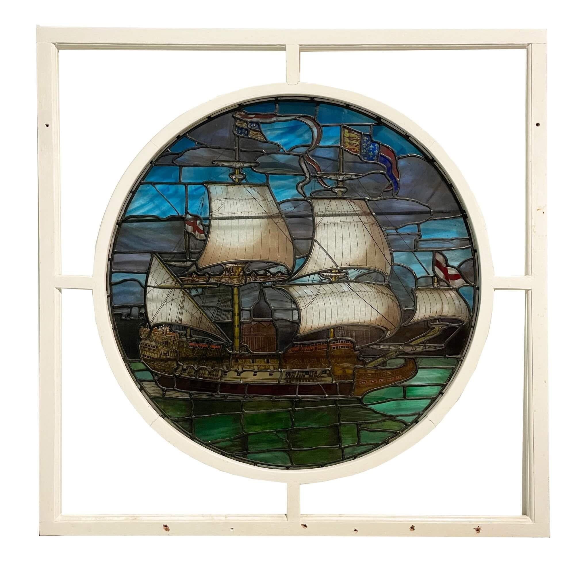 Antique English Stained Glass Window Depicting a Ship For Sale 5