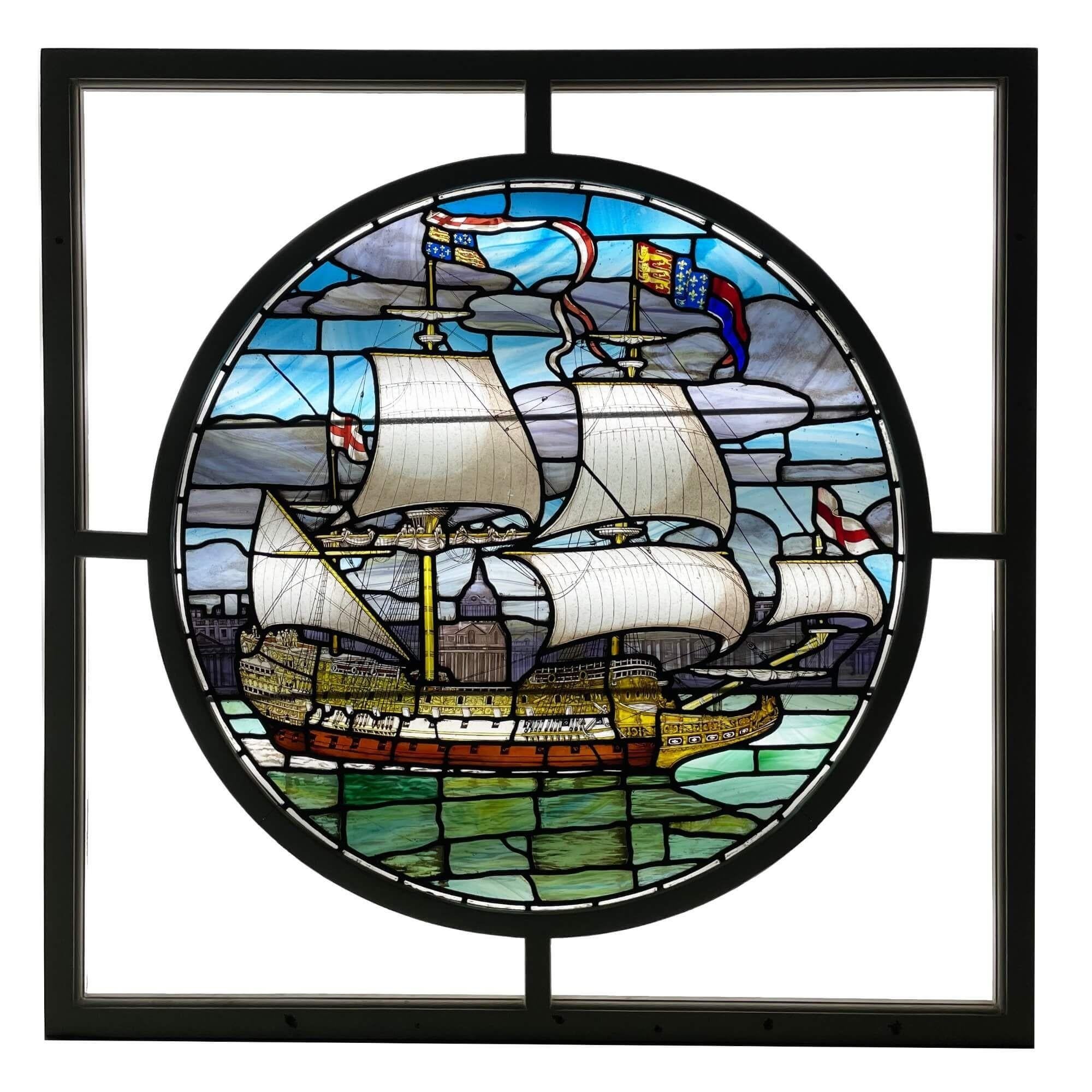 Antikes englisches Buntglasfenster mit der Darstellung eines Schiffes 5