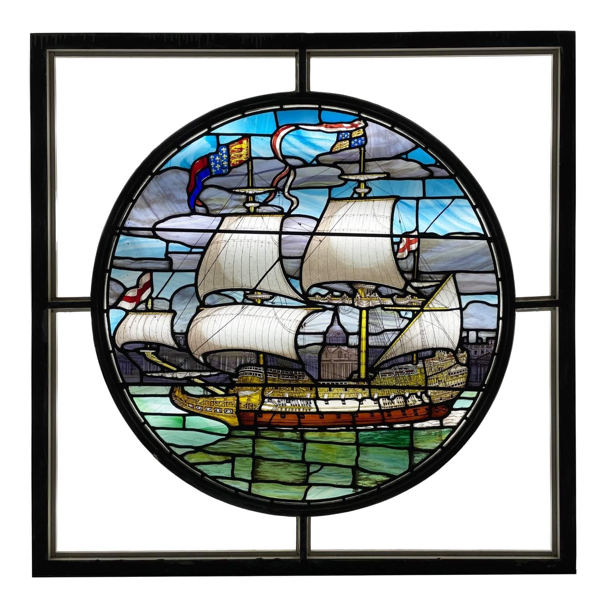 Antique English Stained Glass Window Depicting a Ship For Sale 7