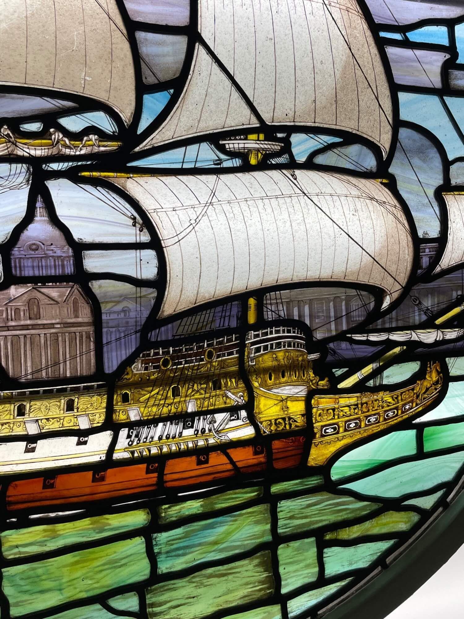Victorian Antique English Stained Glass Window Depicting a Ship For Sale