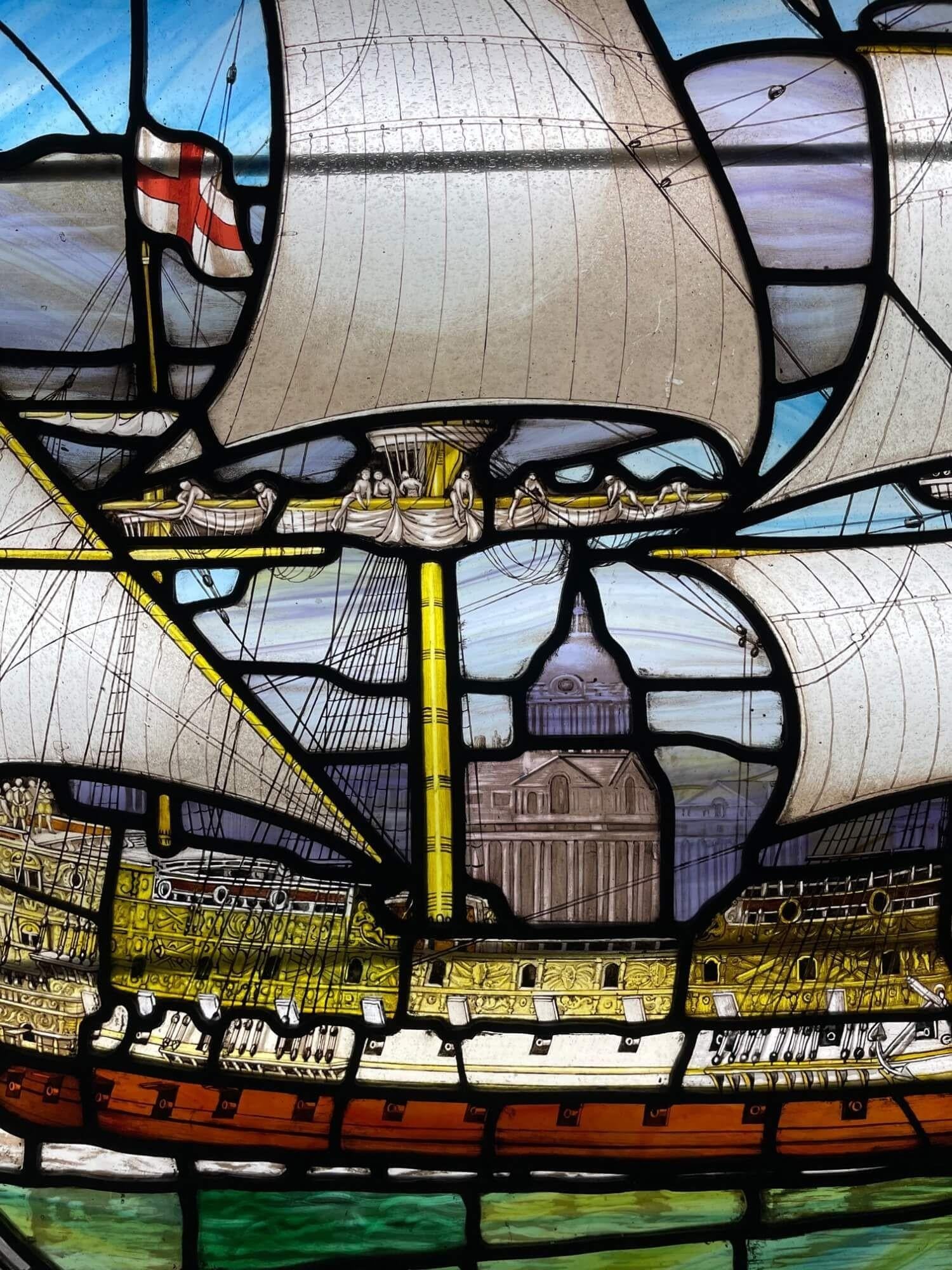 Antique English Stained Glass Window Depicting a Ship In Fair Condition For Sale In Wormelow, Herefordshire