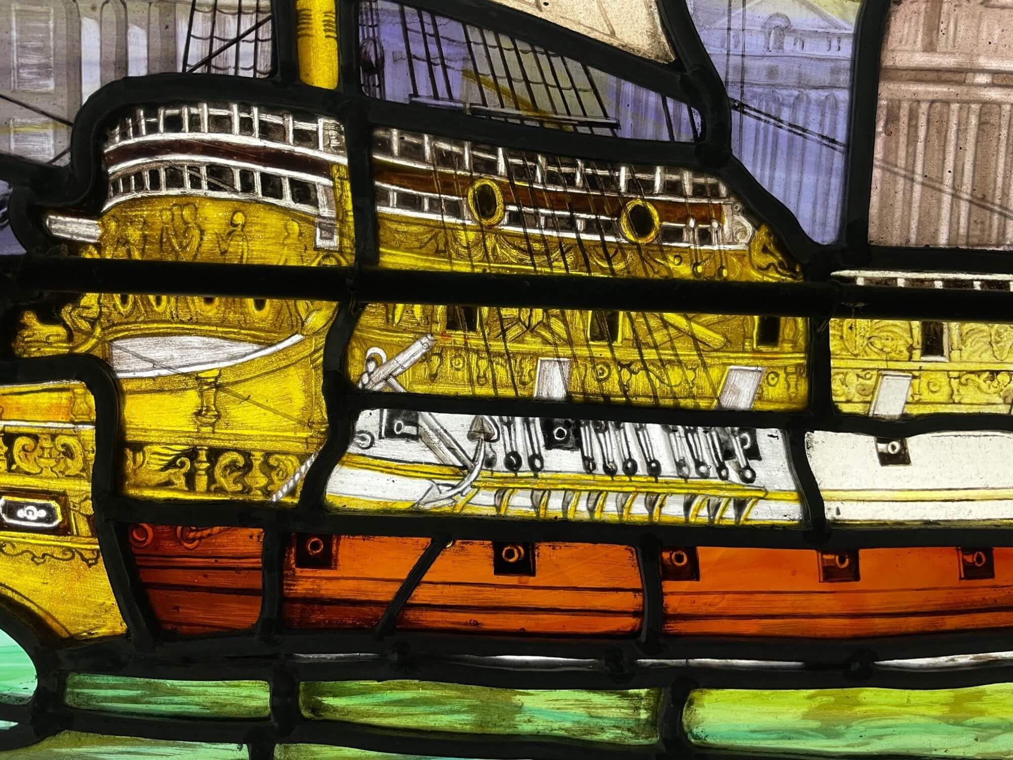 Antique English Stained Glass Window Depicting a Ship For Sale 1