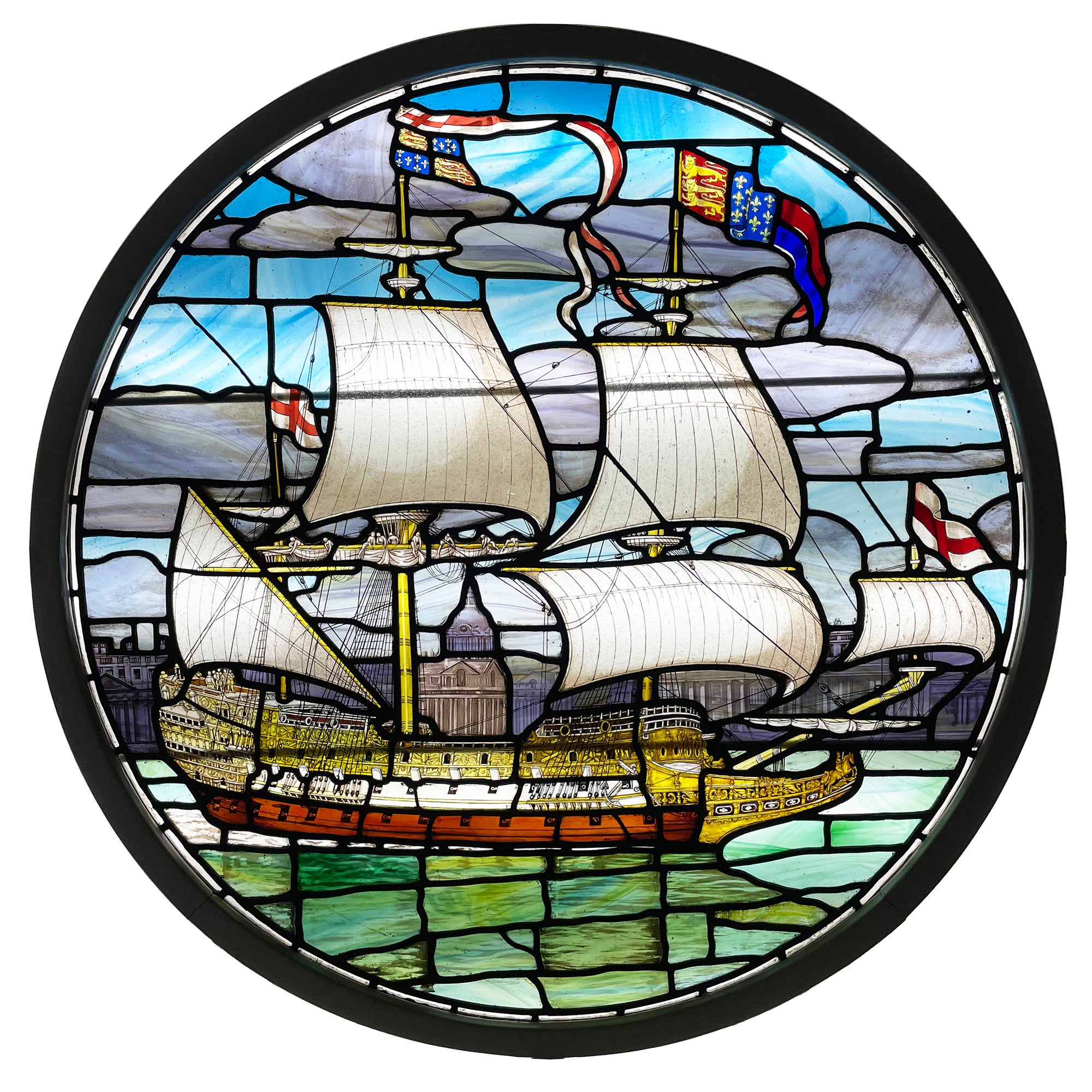 Antikes englisches Buntglasfenster mit der Darstellung eines Schiffes