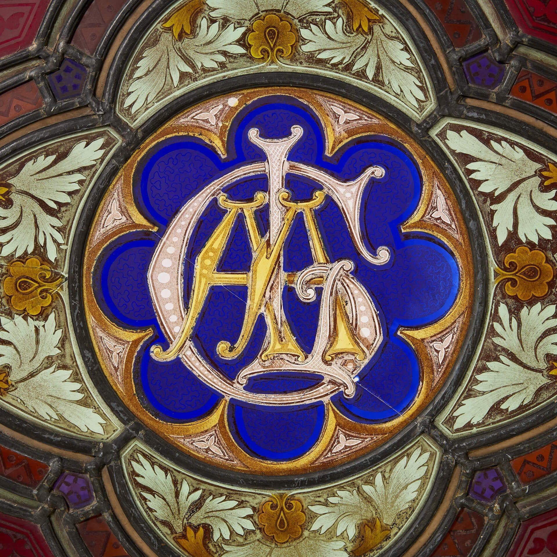 Victorian Antique English Stained Glass Window with Monogram For Sale