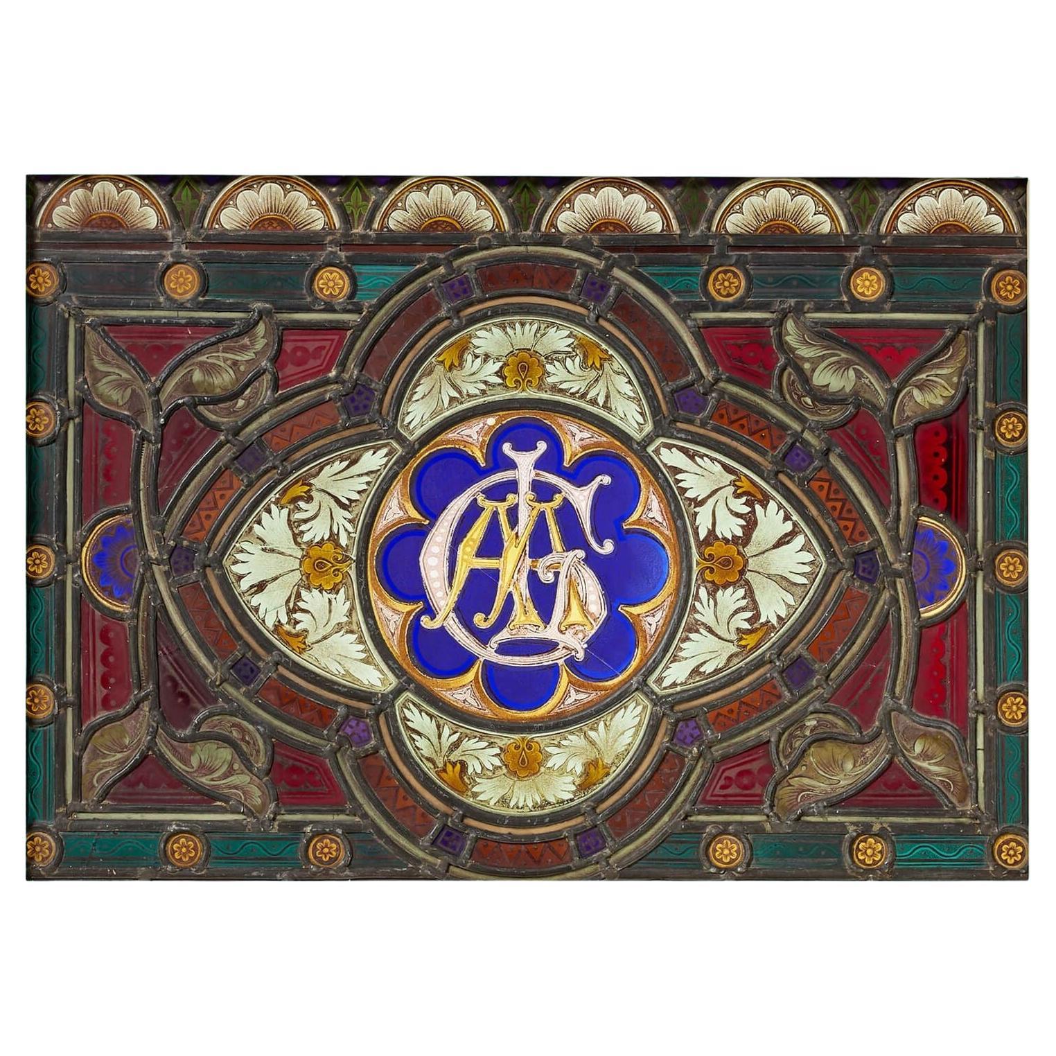 Antique English Stained Glass Window with Monogram For Sale