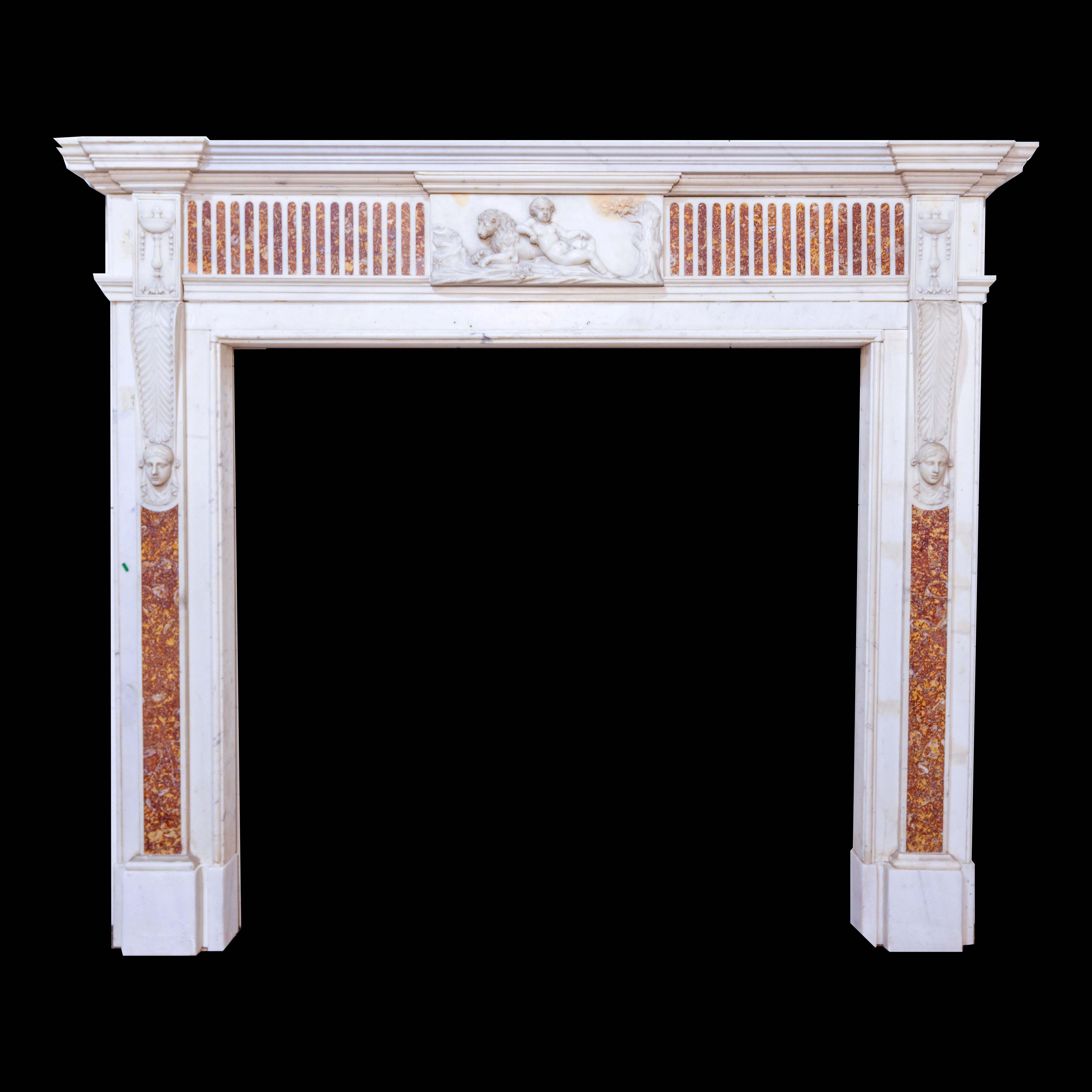 A distinguished English neoclassical fireplace mantel exquisitely carved in luminous Statuario marble and inlaid with striking panels of richly veined Brocatello marble. The composition is both regal and refined, featuring a central bas-relief