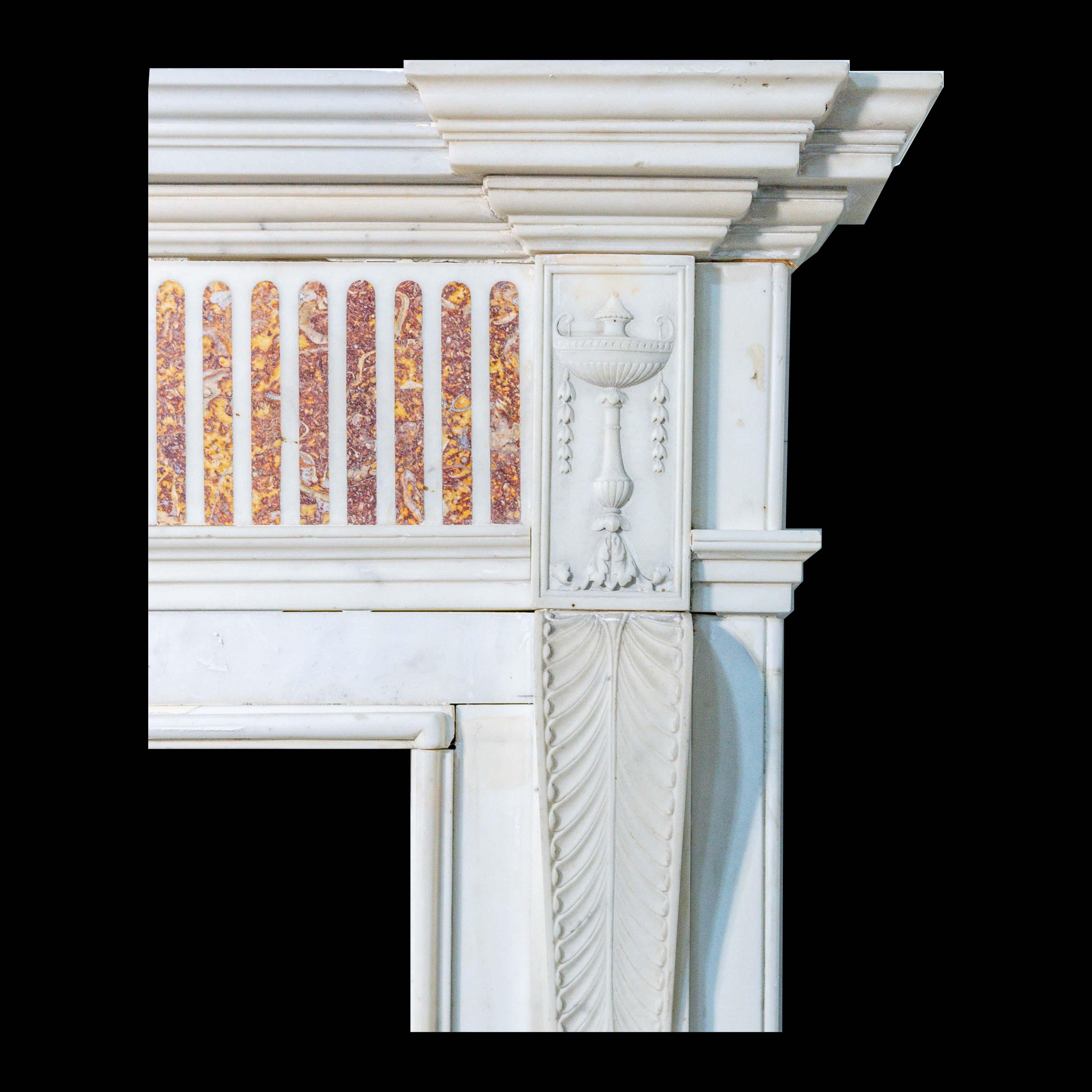 Neoclassical Antique English  Statuario Brocatello Inlaid Fireplace Marble Mantel For Sale