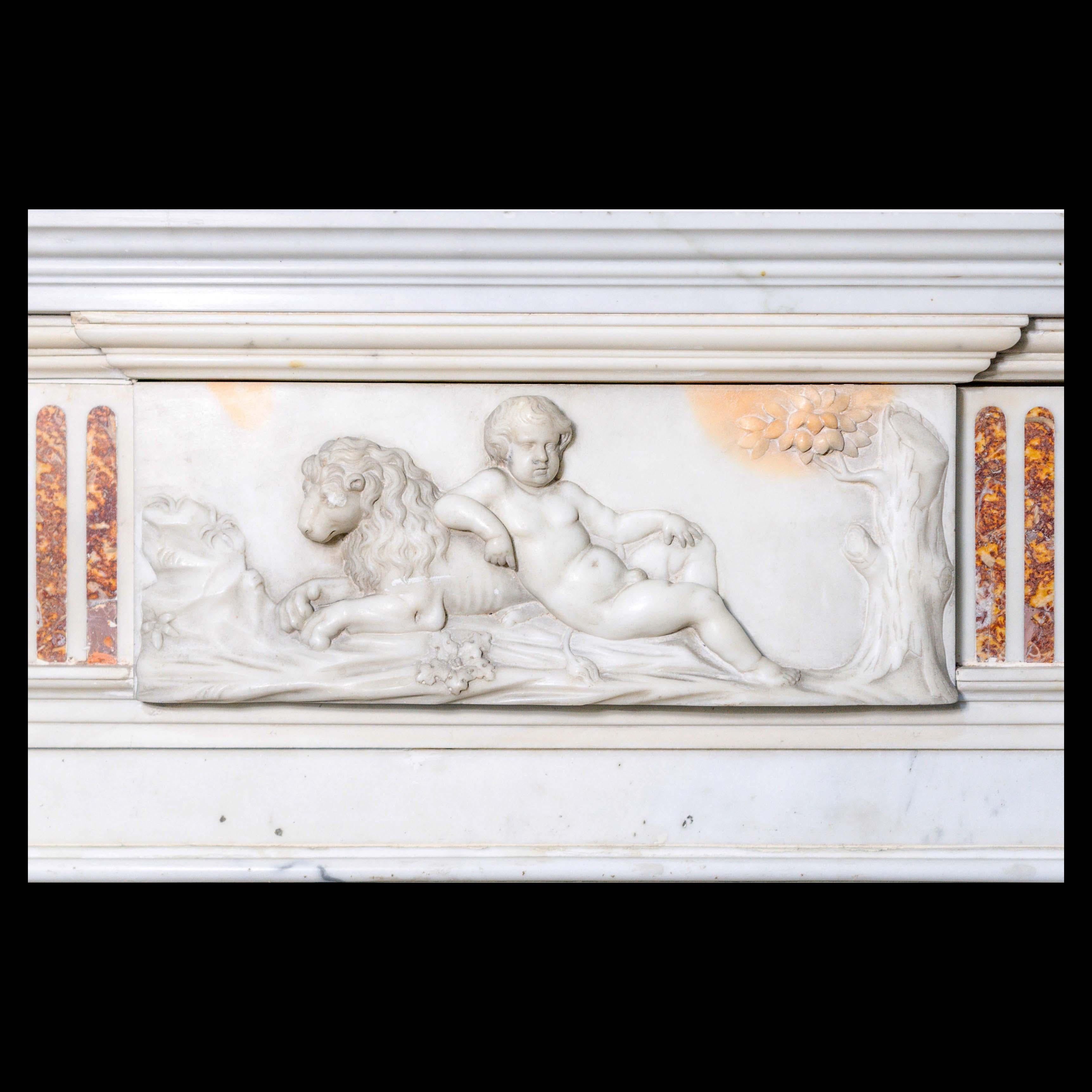 Hand-Carved Antique English  Statuario Brocatello Inlaid Fireplace Marble Mantel For Sale