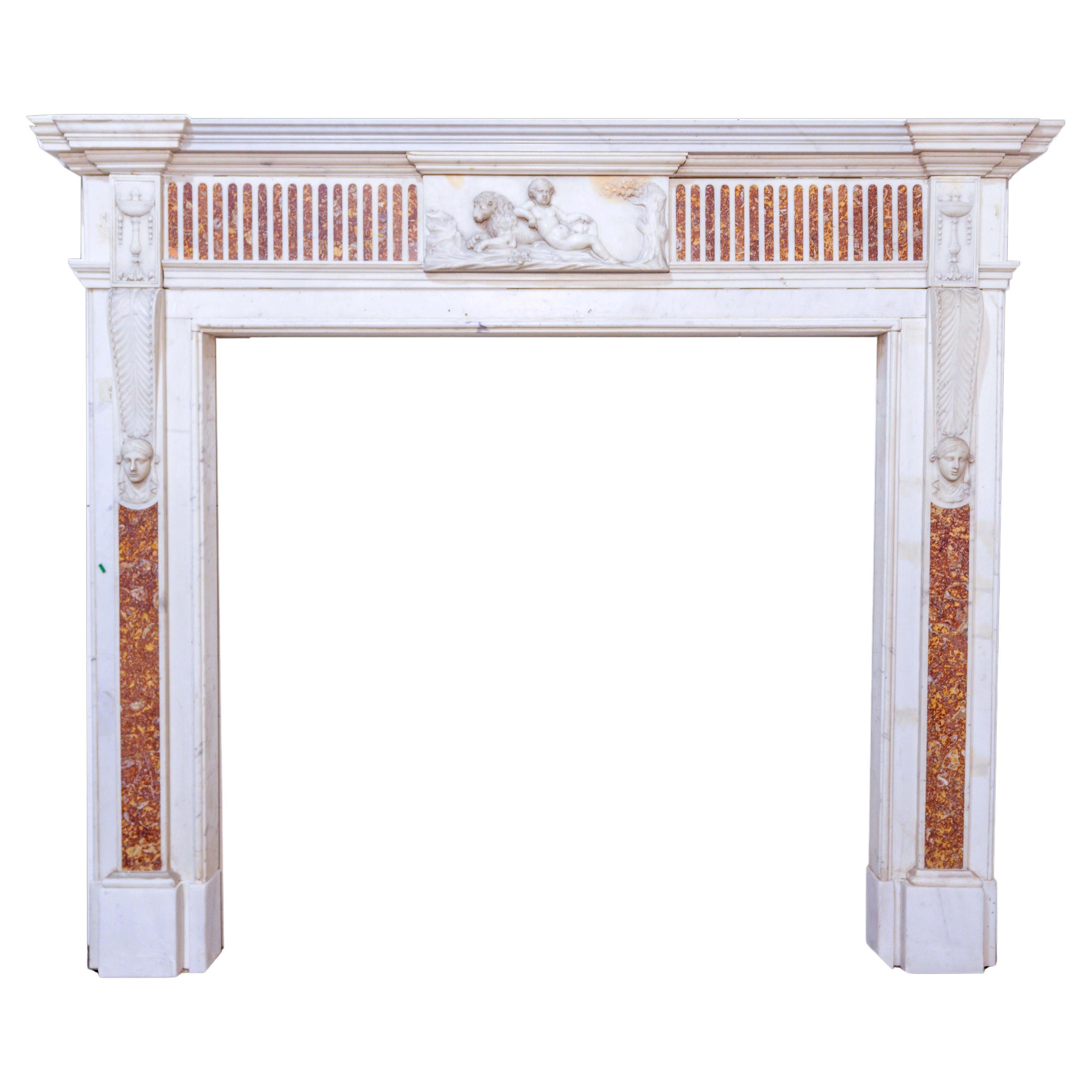 Antique English  Statuario Brocatello Inlaid Fireplace Marble Mantel For Sale