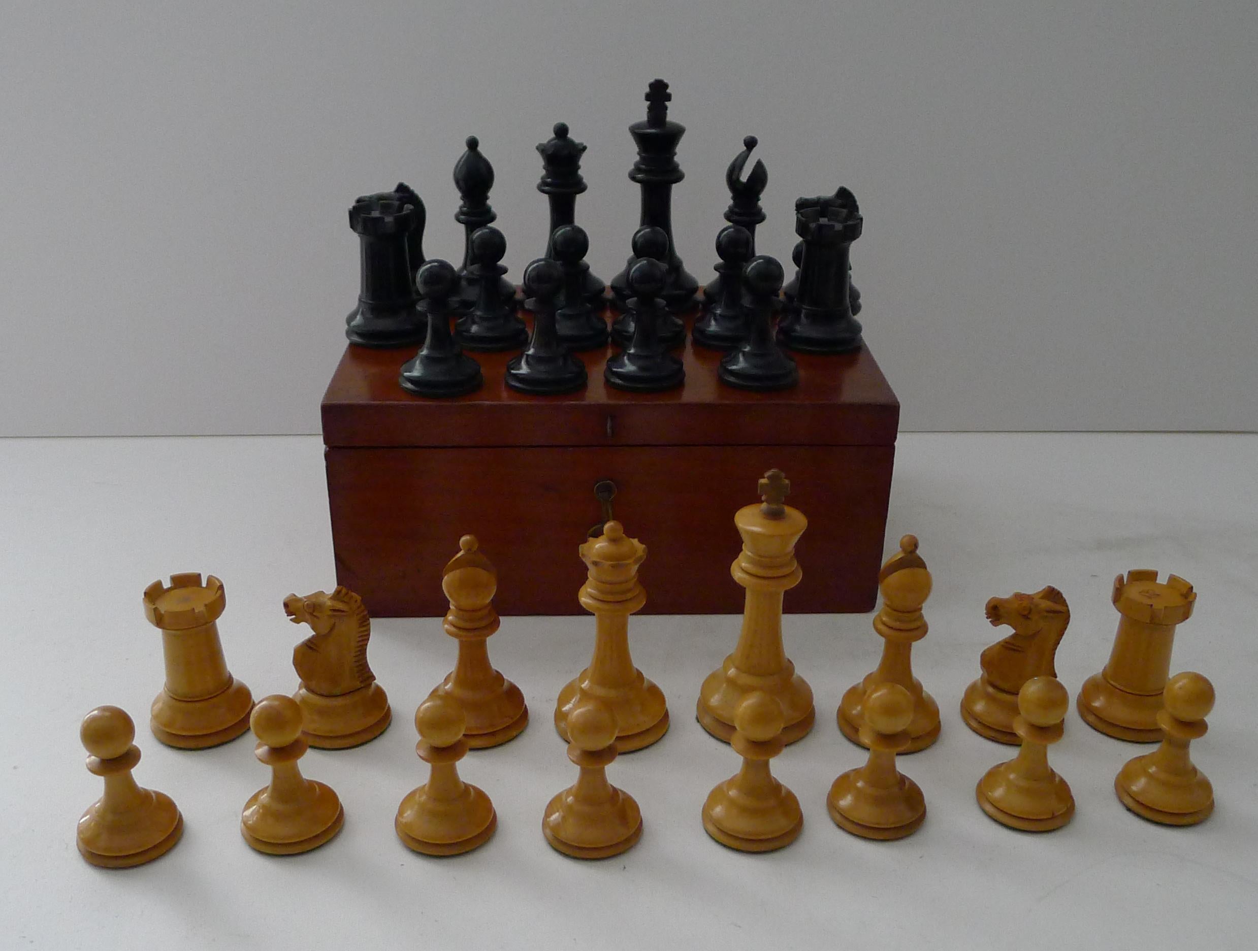 Boxwood Antique English Staunton Chess Set With Red Crown Marks c.1900 For Sale