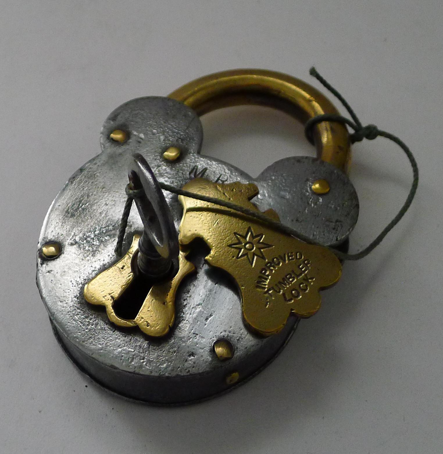 Antique English Steel & Brass Padlock c.1890 2