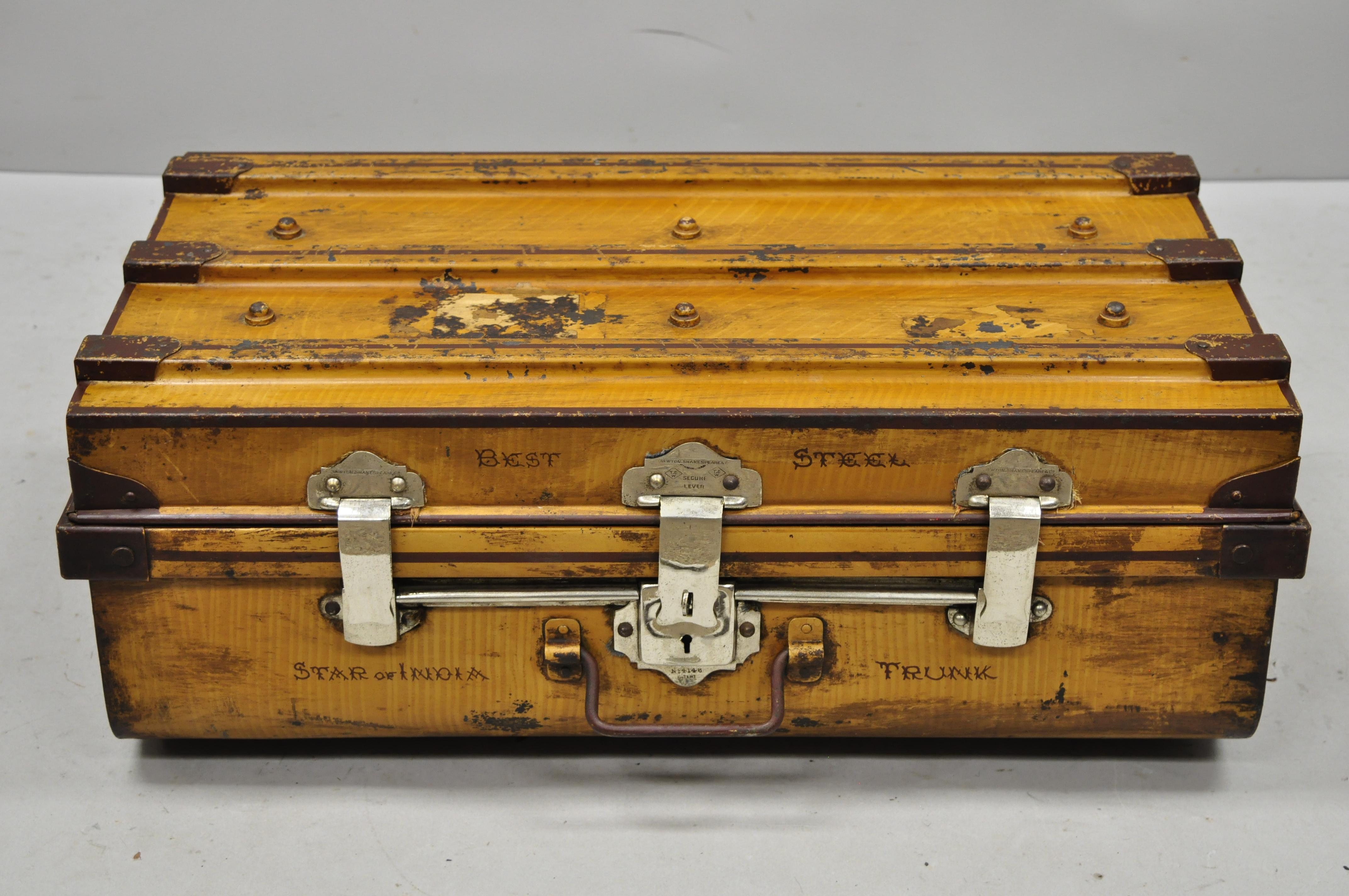 Antique English Steel Metal Painted Ships Trunk 
