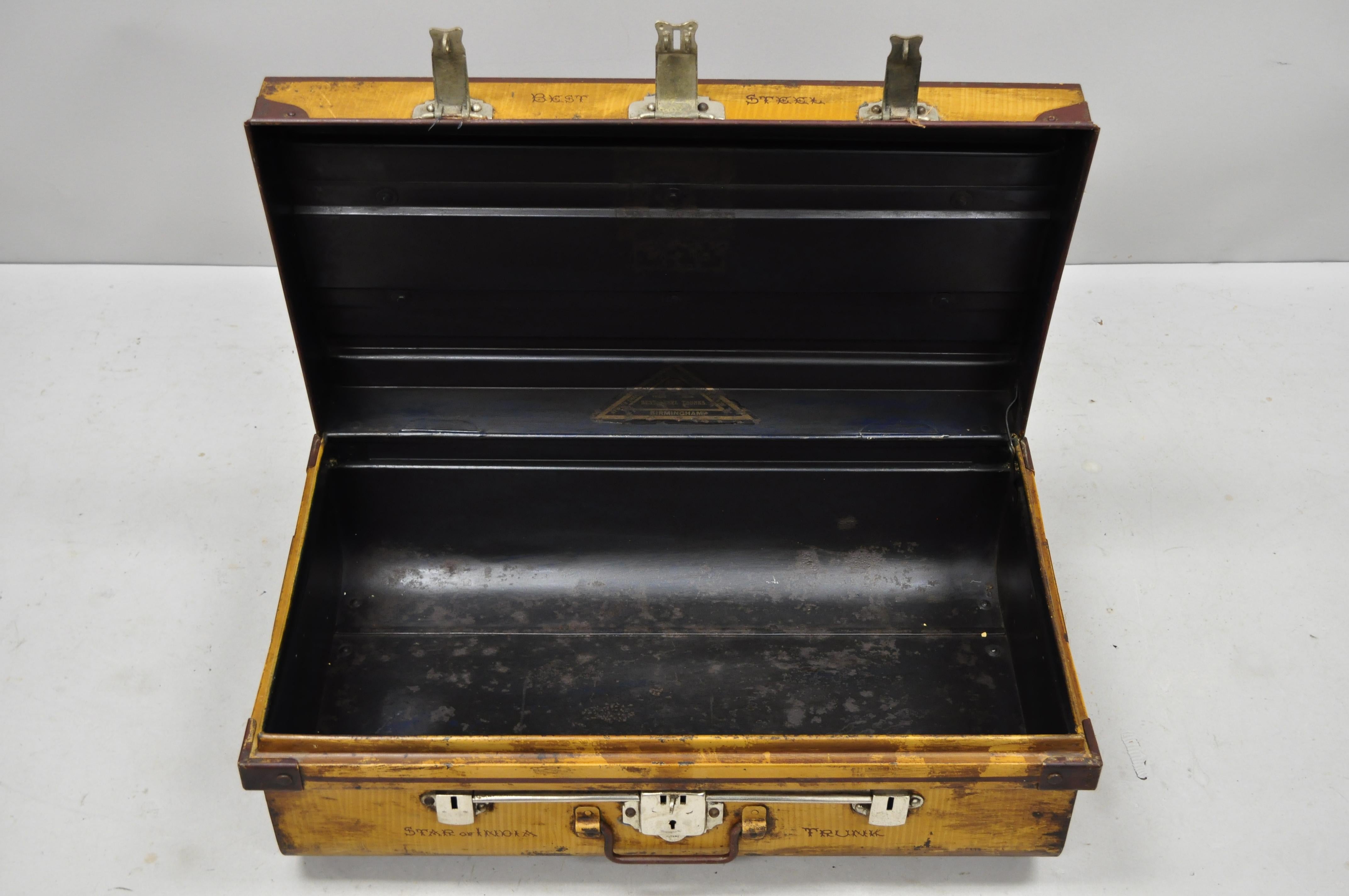 Campaign Antique English Steel Metal Painted Ships Trunk Treasure Chest 