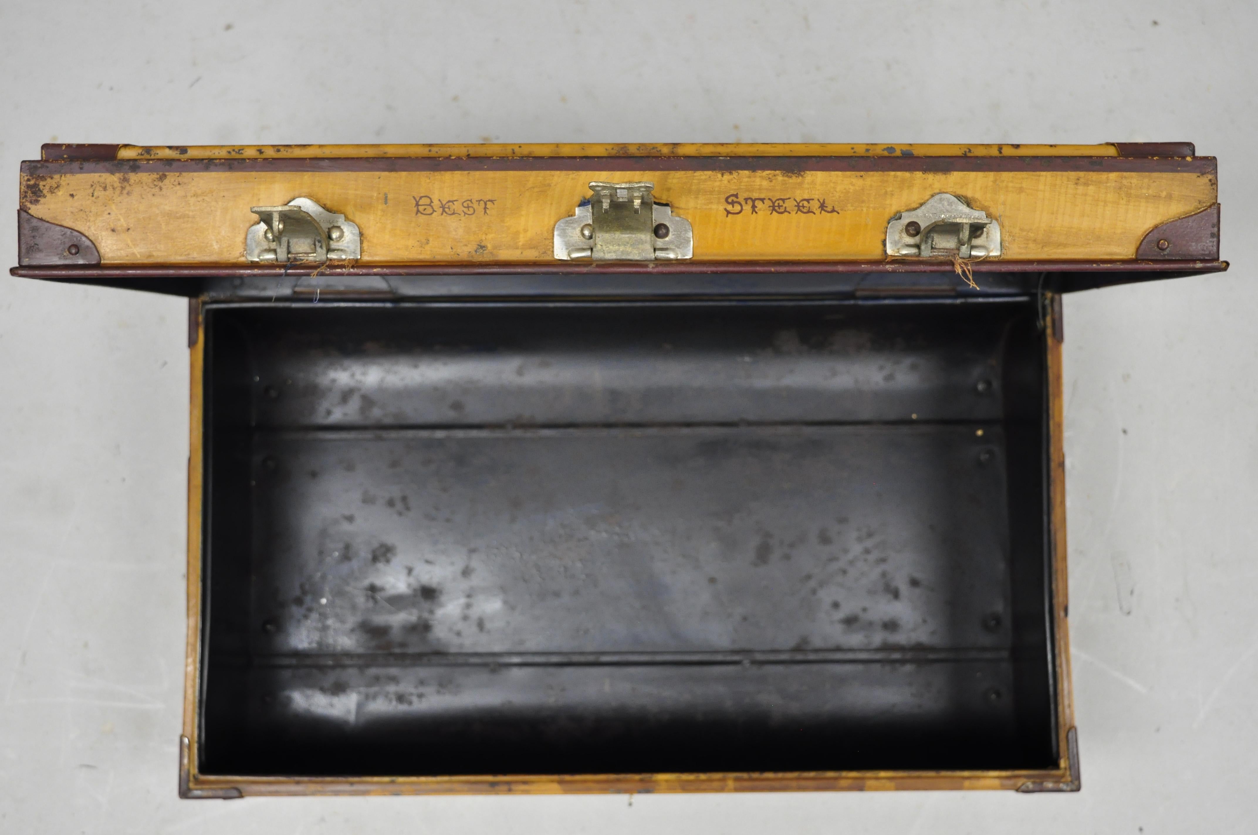 British Antique English Steel Metal Painted Ships Trunk Treasure Chest 