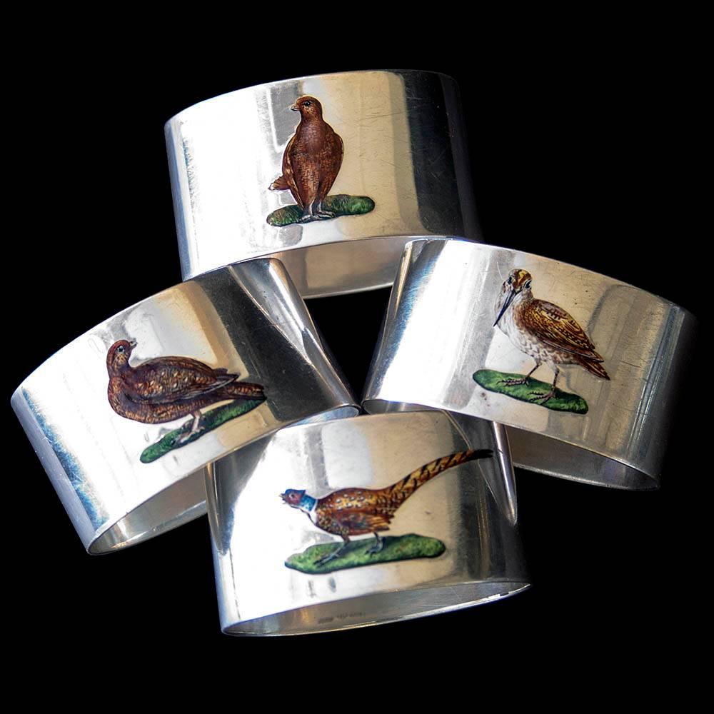 Antique English Sterling Silver - Set of 4 enamel Game Bird Napkin Rings Chester For Sale 1