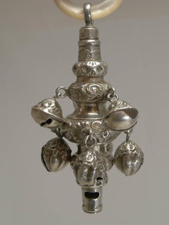 Antique English Sterling Silver and Mother-of-Pearl Baby Rattle, 1881
