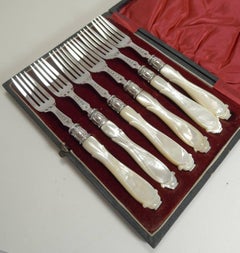 Antique English Sterling Silver and Mother-of-Pearl Cake or Desert Forks, 1862