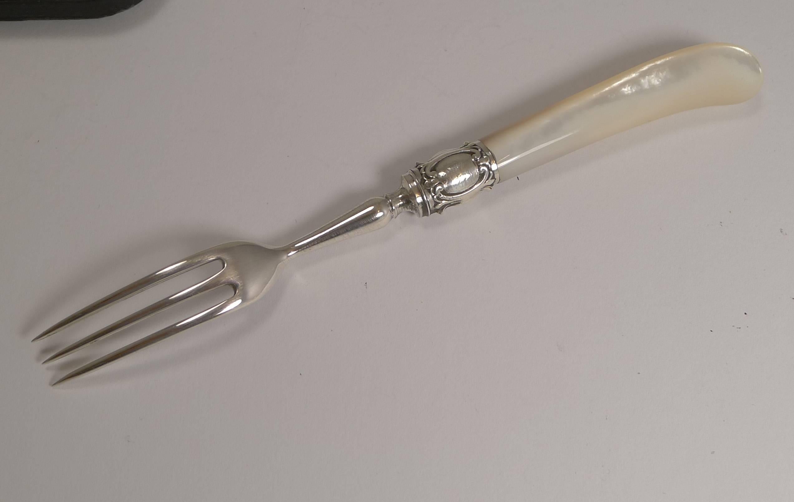 Late Victorian Antique English Sterling Silver and Mother-of-Pearl Cake or Desert Forks, 1900