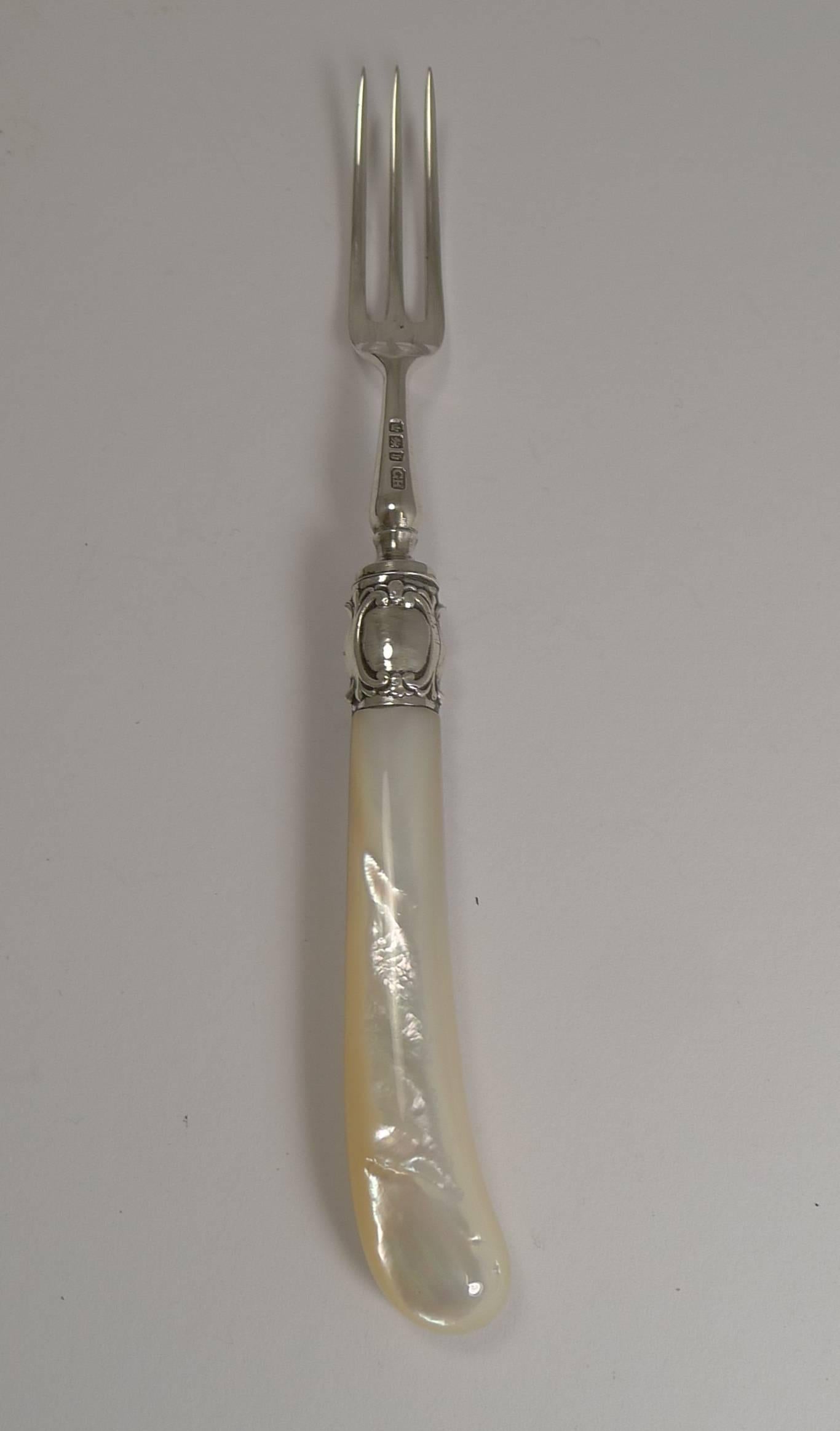 Early 20th Century Antique English Sterling Silver and Mother-of-Pearl Cake or Desert Forks, 1900