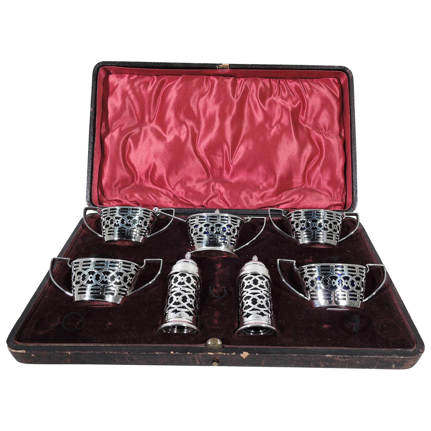 Antique English Sterling Silver and Cobalt Glass Condiment Set in Case