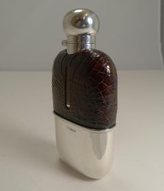 Antique English Sterling Silver and Crocodile / Alligator Hip Flask, 1898