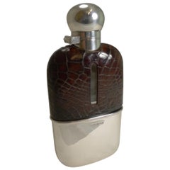 Antique English Sterling Silver and Crocodile / Alligator Hip Flask, 1898