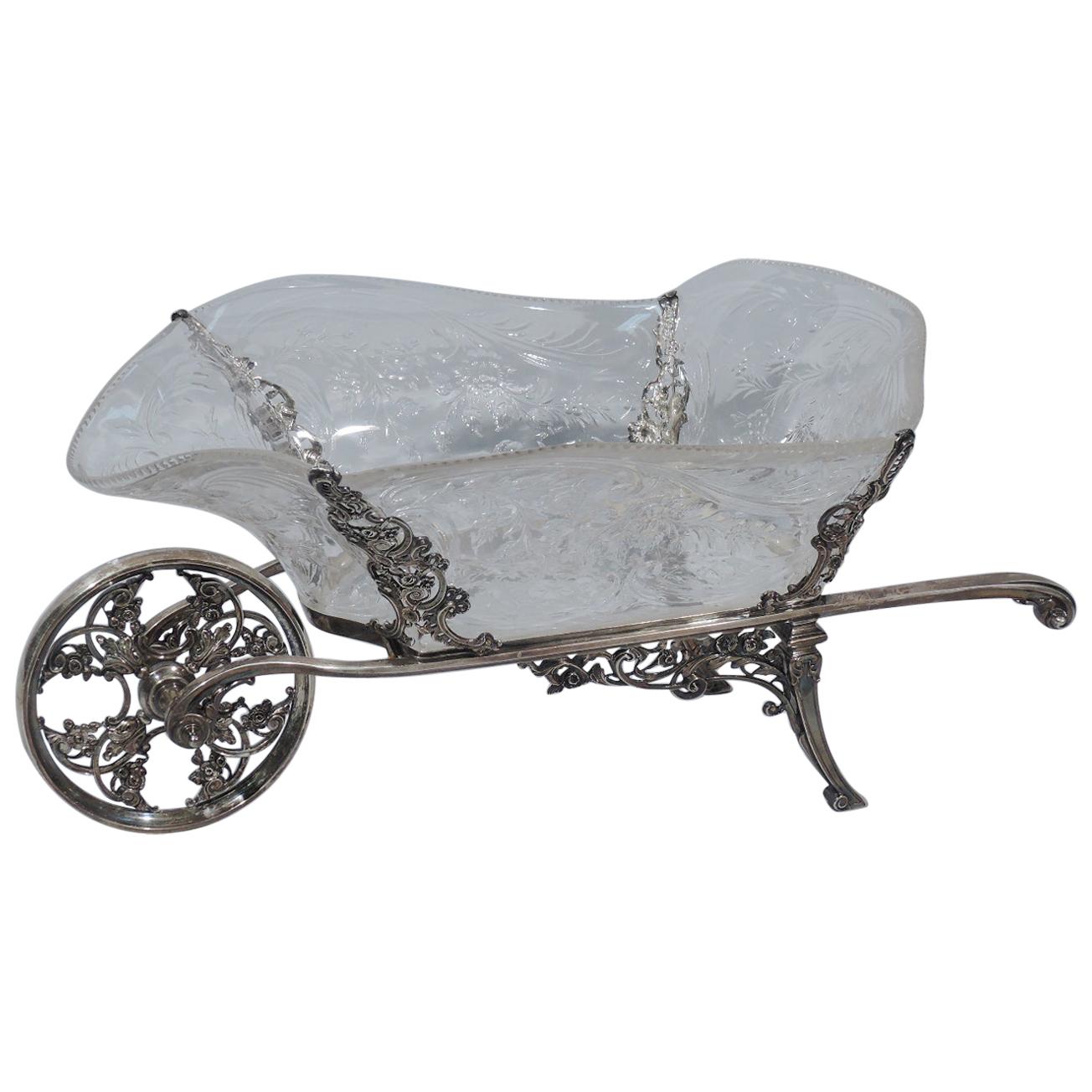 Antique English Sterling Silver and Crystal Wheelbarrow Centerpiece by Comyns