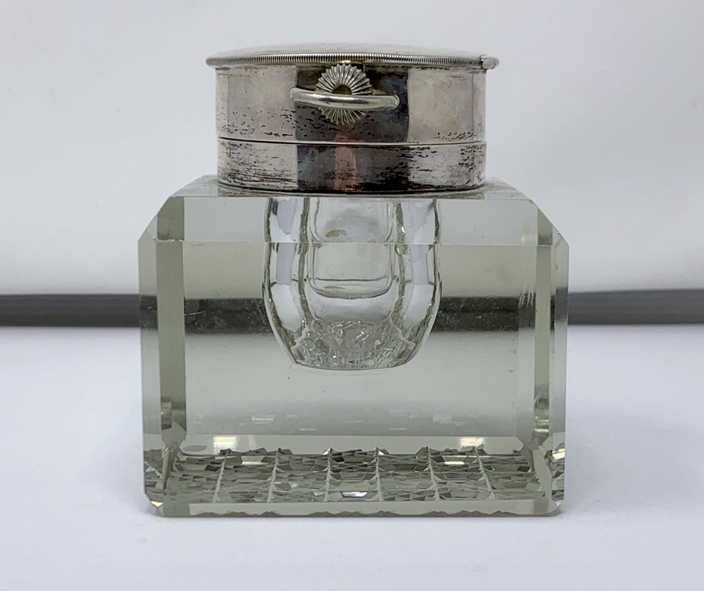 Wonderful antique English sterling silver and cut crystal watch-clock inkwell, Circa 1910.