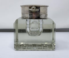 Antique English Sterling Silver and Cut Crystal Watch-Clock Inkwell, Circa 1910
