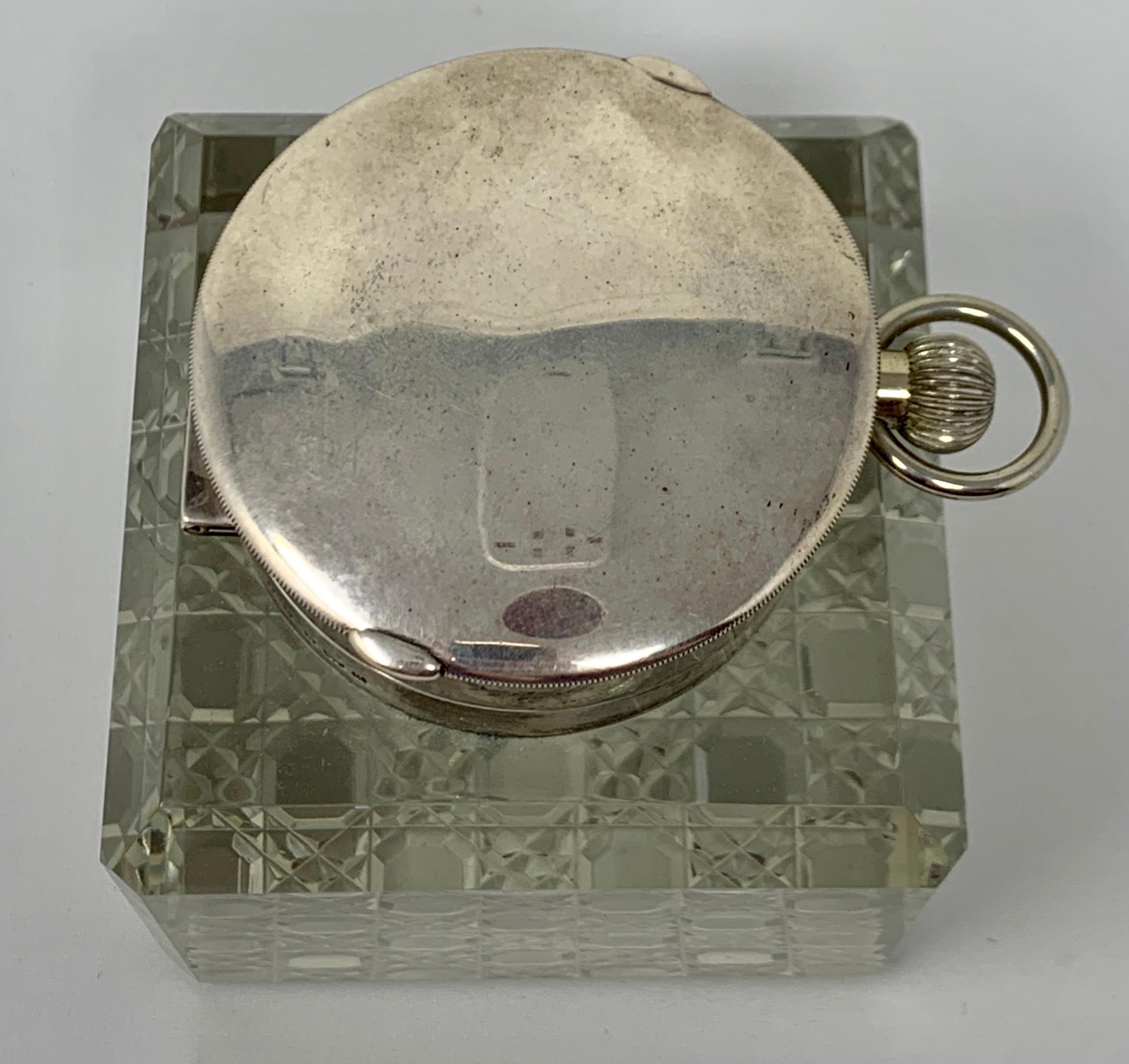 Early 20th Century Antique English Sterling Silver and Cut Crystal Watch-Clock Inkwell, Circa 1910 For Sale