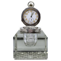 Antique English Sterling Silver and Cut Crystal Watch-Clock Inkwell, Circa 1910