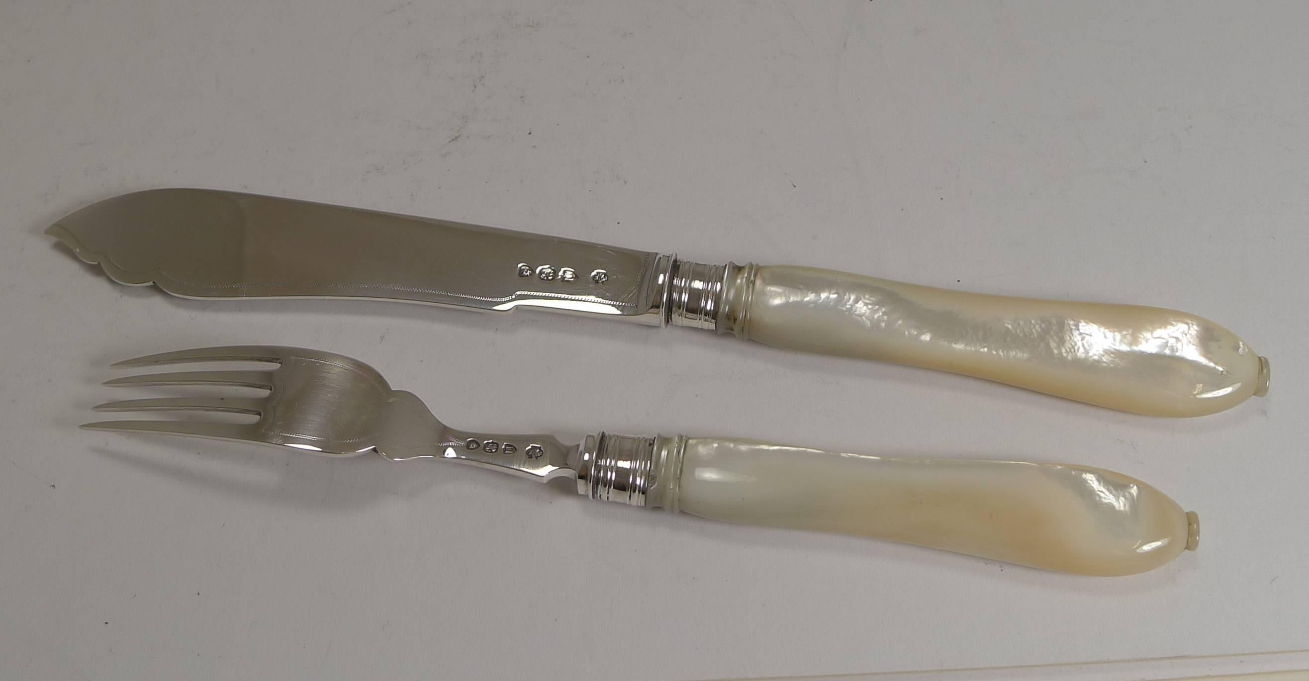 Hand-Carved Antique English Sterling Silver and Mother-of-Pearl Fish Servers, 1895